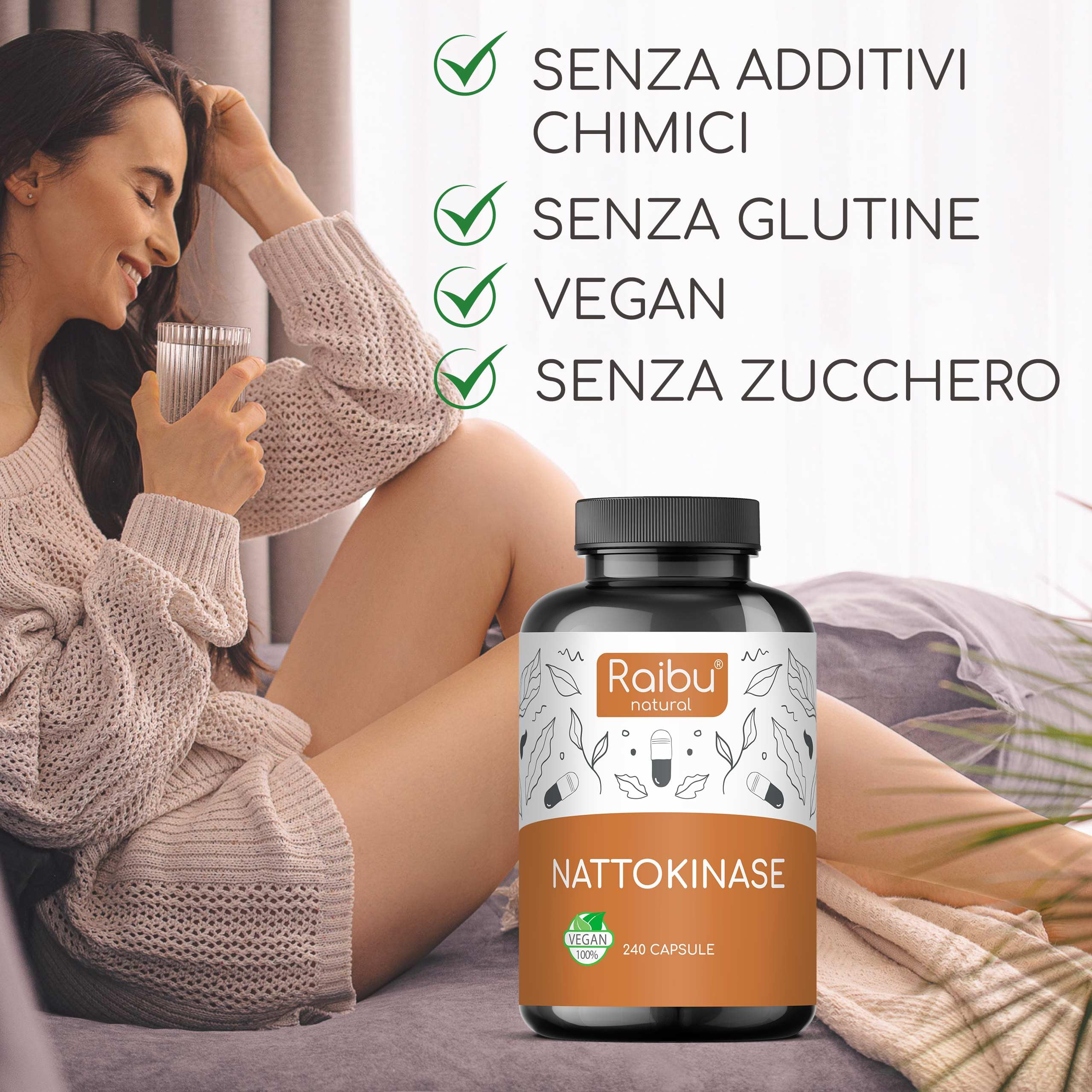 Raibu Nattokinase - Alto Dosaggio 100 mg (Nattokinase 20.000 FU/g) - Natto Giapponese da Soia, 8 Mesi di Fornitura - 240 Capsule, Testato in Laboratorio e Vegano - Senza Additivi