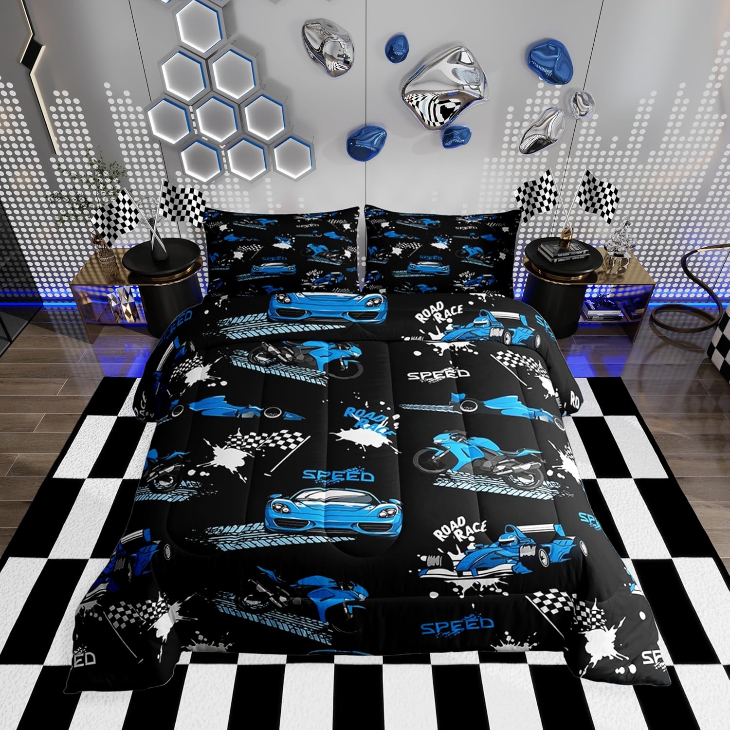 Erosebridal Kids Race Car Comforter Set Blue Black Racing Car Bedding Set Queen Size,Speed Sports Car Comforter Extreme Sports Duvet Insert for Boys Teens Cool Dirt Bike Motocross Quilt Bed Set