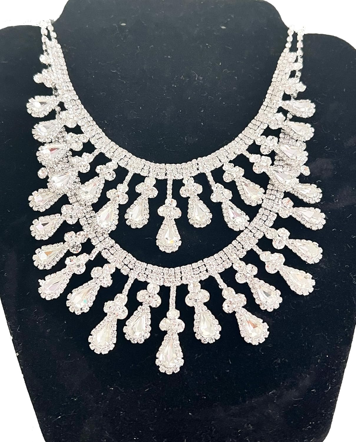 Silver Tone Double Strand Art Deco Retro Vintage Antique Style Clear Rhinestone Bridal Wedding Prom Statement Necklace