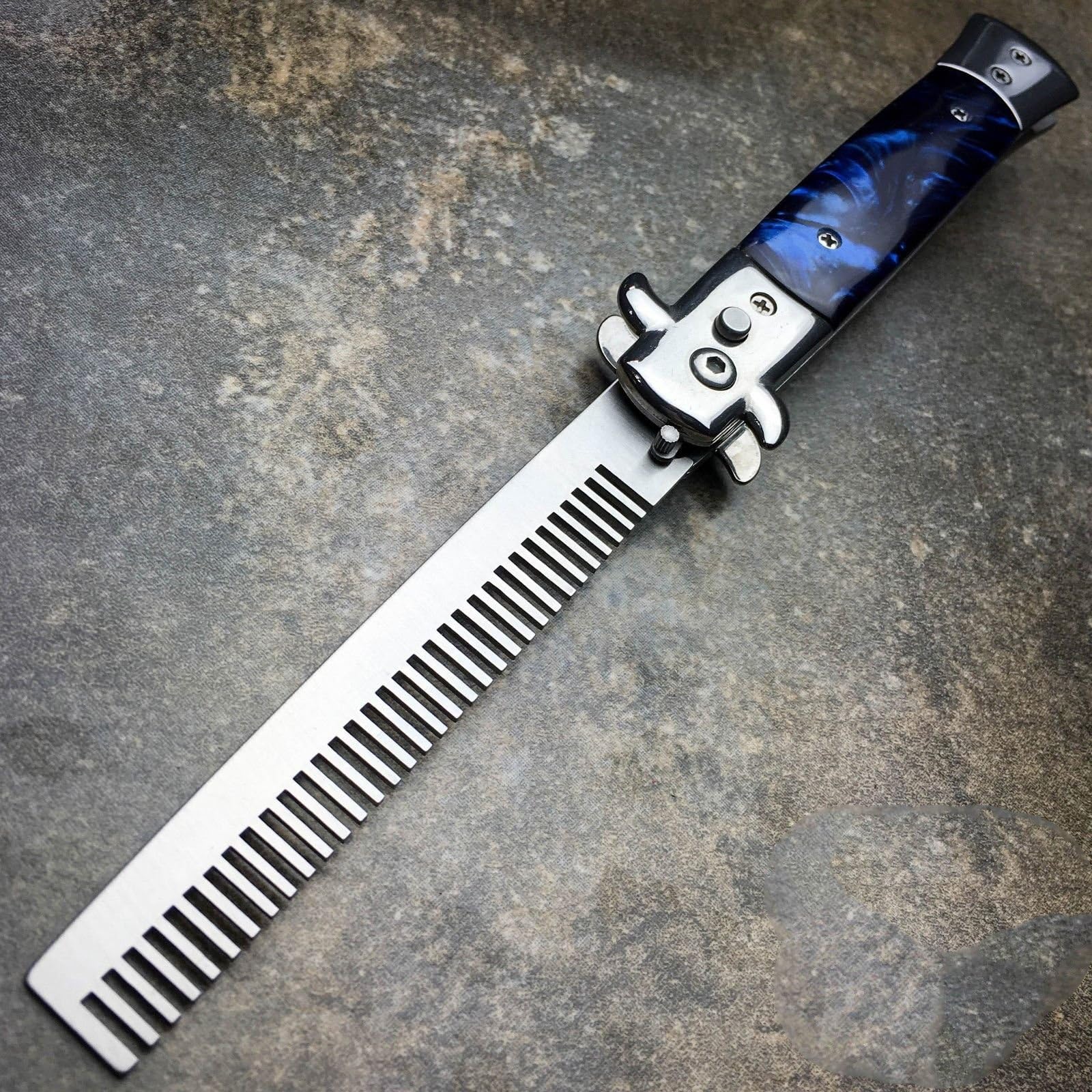 legendary-yes Automatic Push Button Folding Comb Switchblade Knife Looking Brush Pearl Blue
