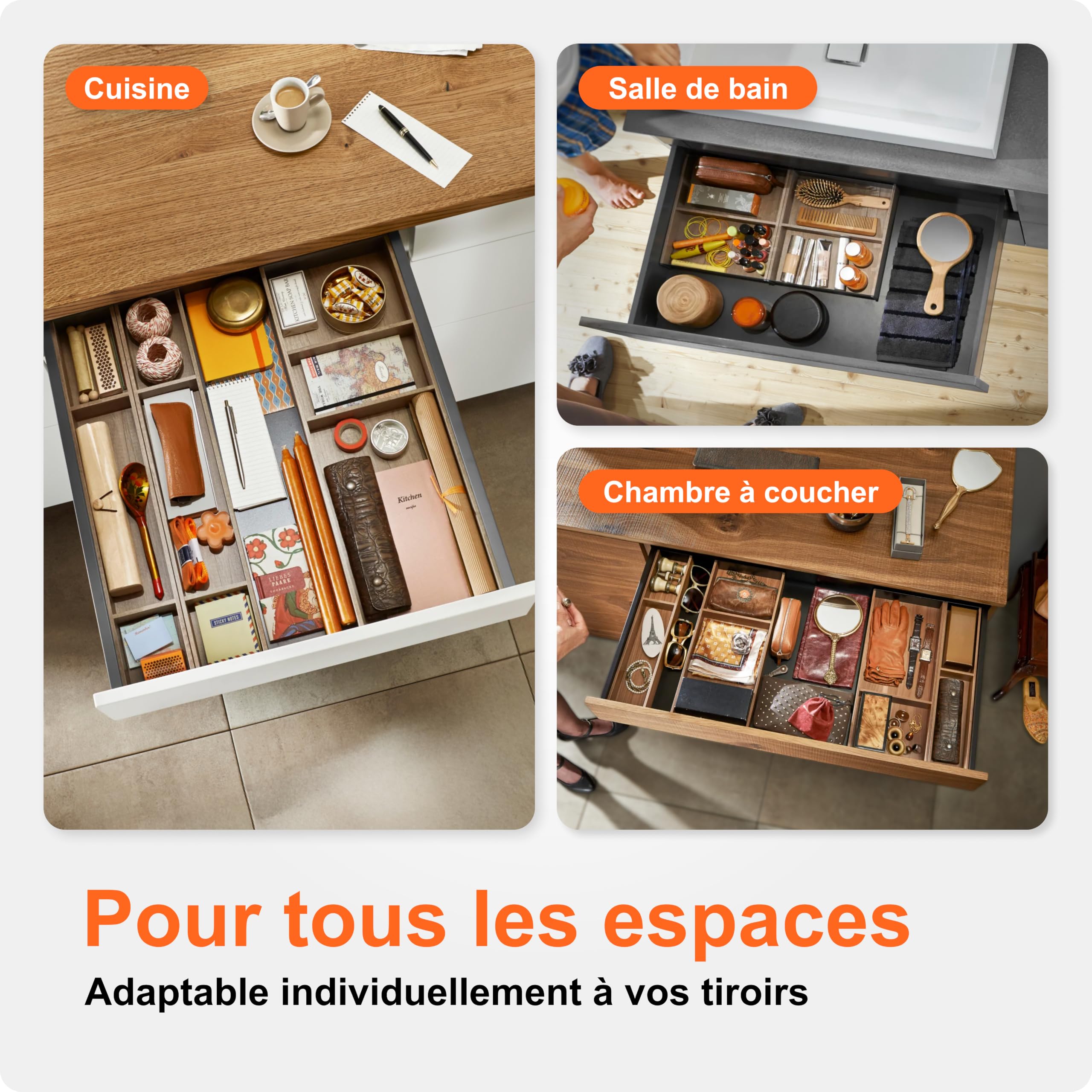 blum AMBIA-LINE range-couverts | organiseur de tiroir premium pour cuisines et meubles modernes | trie et range couverts avec clarté | avec pieds antidérapants | 47 × 30 × 5 cm | Chêne Bardolino
