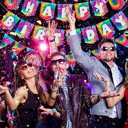 Miniatura 6 de Tenare 15 banderines de teñido anudado para fiesta de feliz cumpleaños, banderín y temática hippie de los años 60, decoración de remolinos para