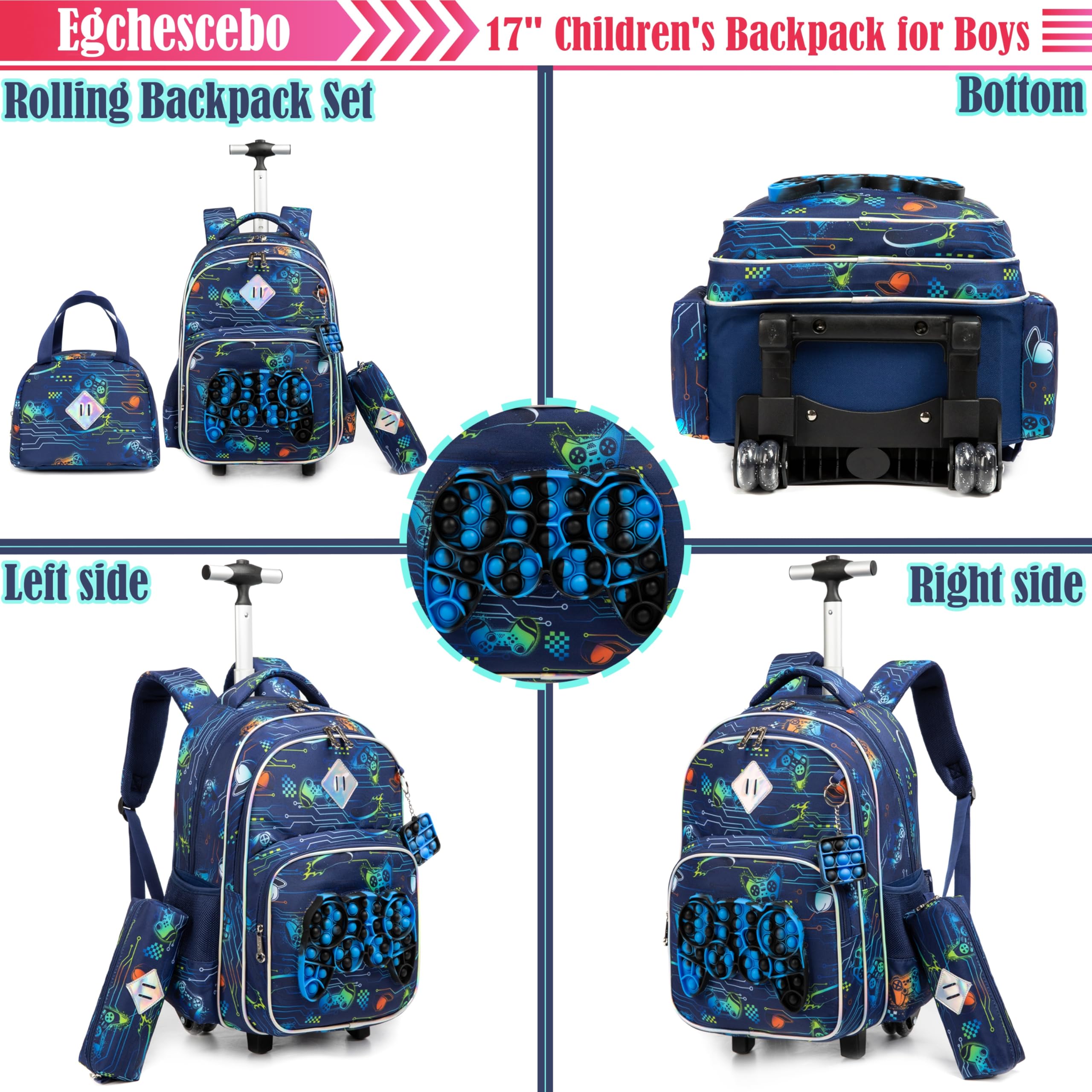 Kinder Rolling Gamepad Rucksack für Jungen Gepäck Koffer mit Rädern Trolley gerollt POP Roller Rucksäcke für Elementary Travel School Bags 17“ 3PCS Spielzeug Rucksack mit Lunch-Box Blau