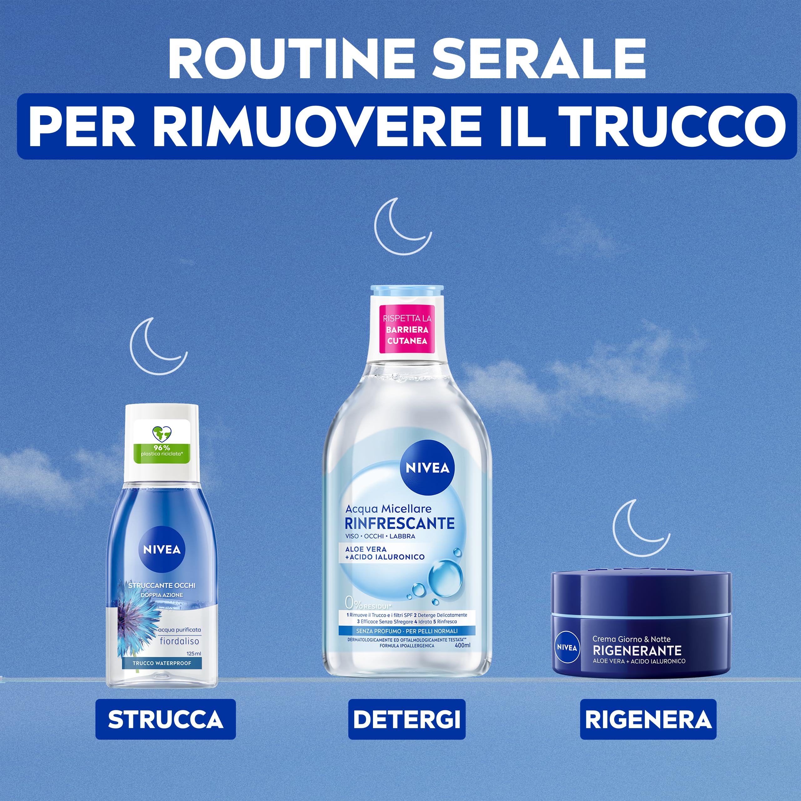 NIVEA Struccante Occhi Doppia Azione 6 x 125 ml, Struccante occhi waterproof bifasico, Detergente struccante con Fiordaliso, Rimuove mascara e make-up, Protegge le ciglia, Tutti i tipi di pelle