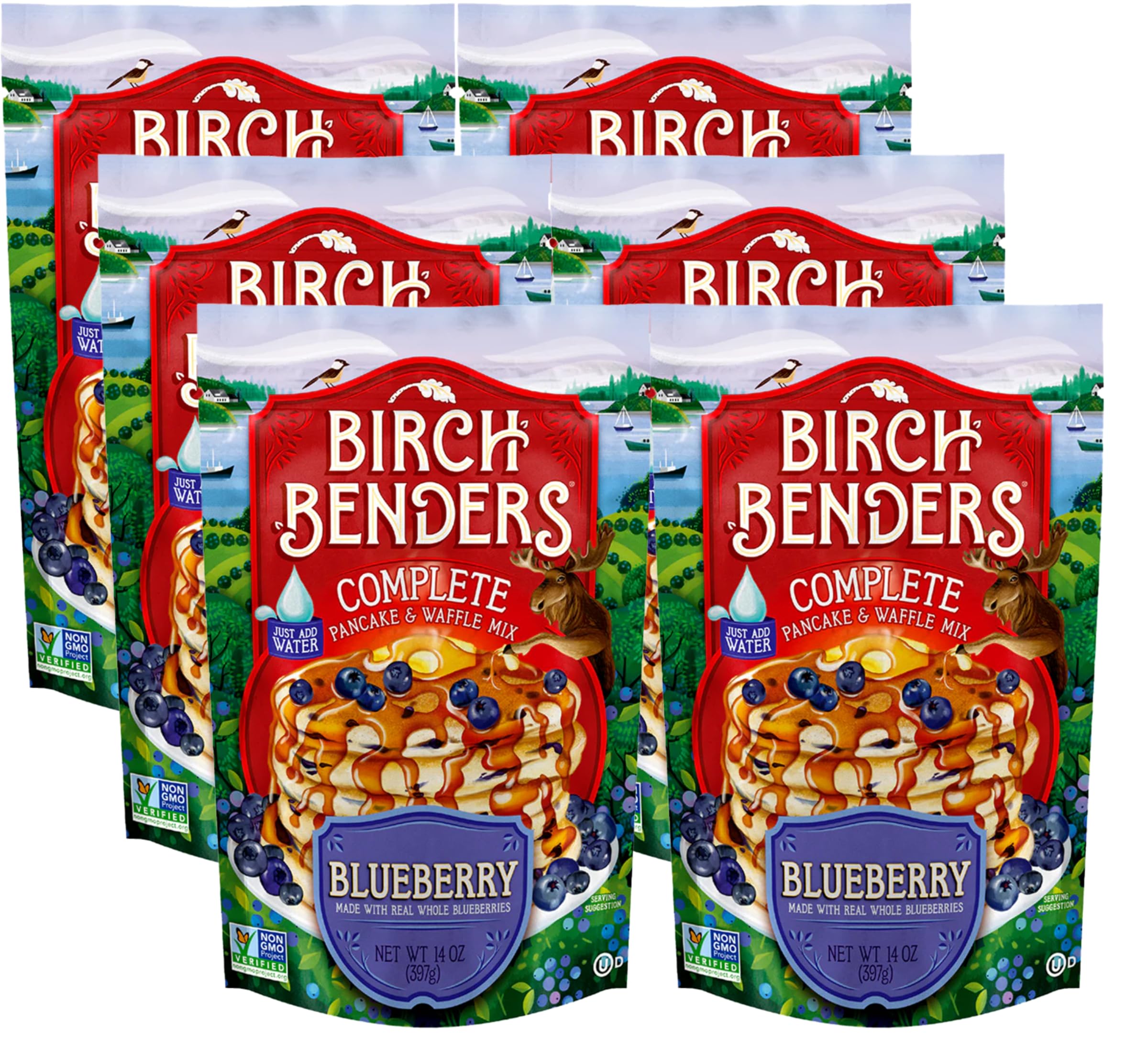 Blueberry Pancake & Waffle Mix By Birch Benders, Made With Real Blueberries, Non-Gmo, Just Add Water, Family Size, 14 Oz (Pack of 6)