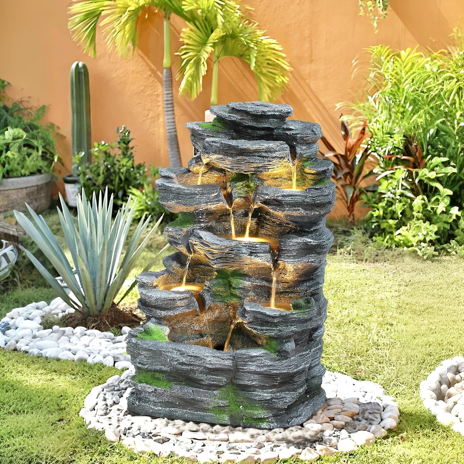Garden Fountains Outdoor, 7-Tiers Cascading Rock Water Fountain, 24.4" H Waterfall Fountain Indoor with 6 LED Lights and Moss for Patio, Yard and Home Art Decor, Natural Stone Look