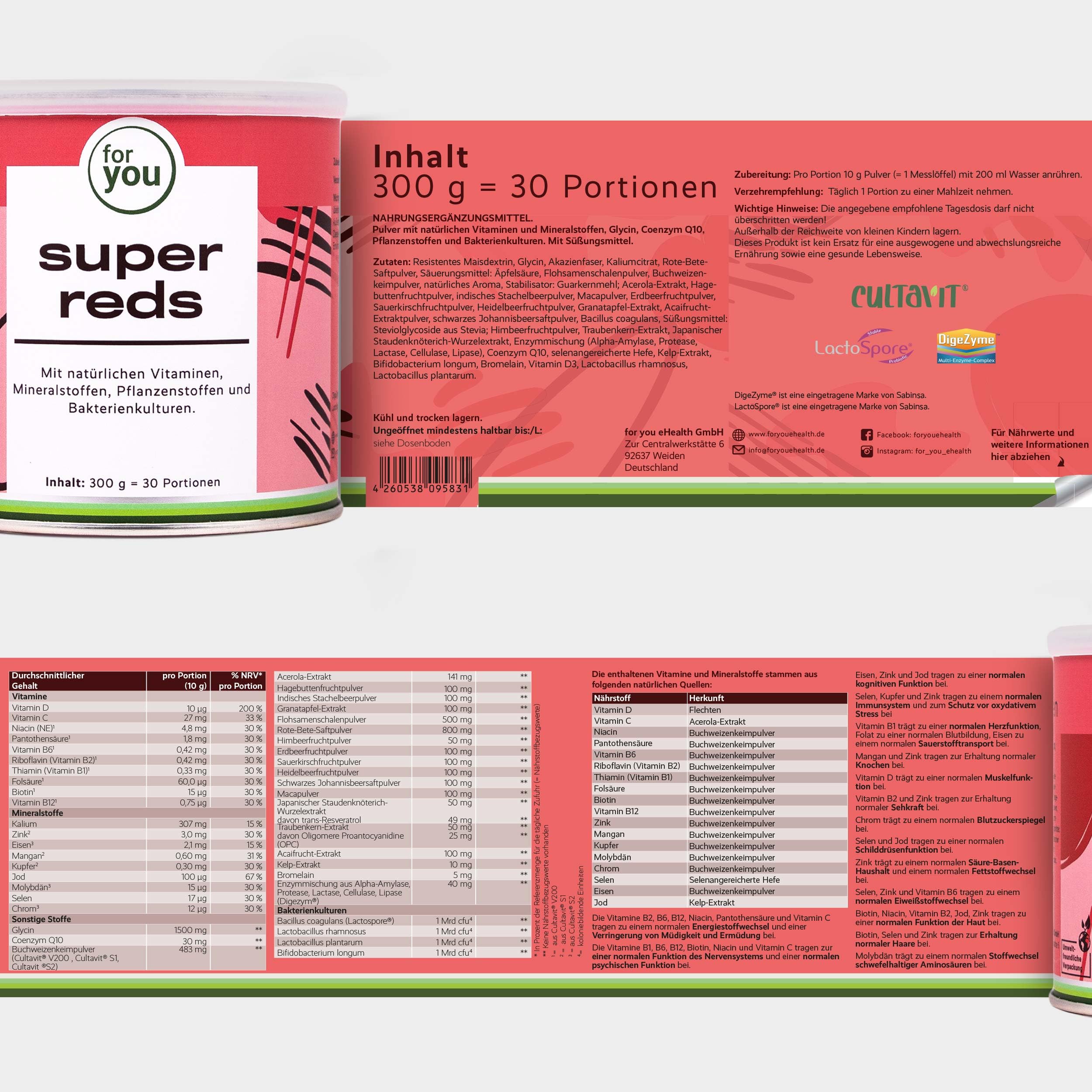 for you super reds - Der rote All-in-one-Drink für Deine ganzheitliche Gesundheit - mit natürlichen Vitaminen und Mineralstoffen, Q10, Pflanzenstoffen und Bakterienkulturen - 300g Pulver