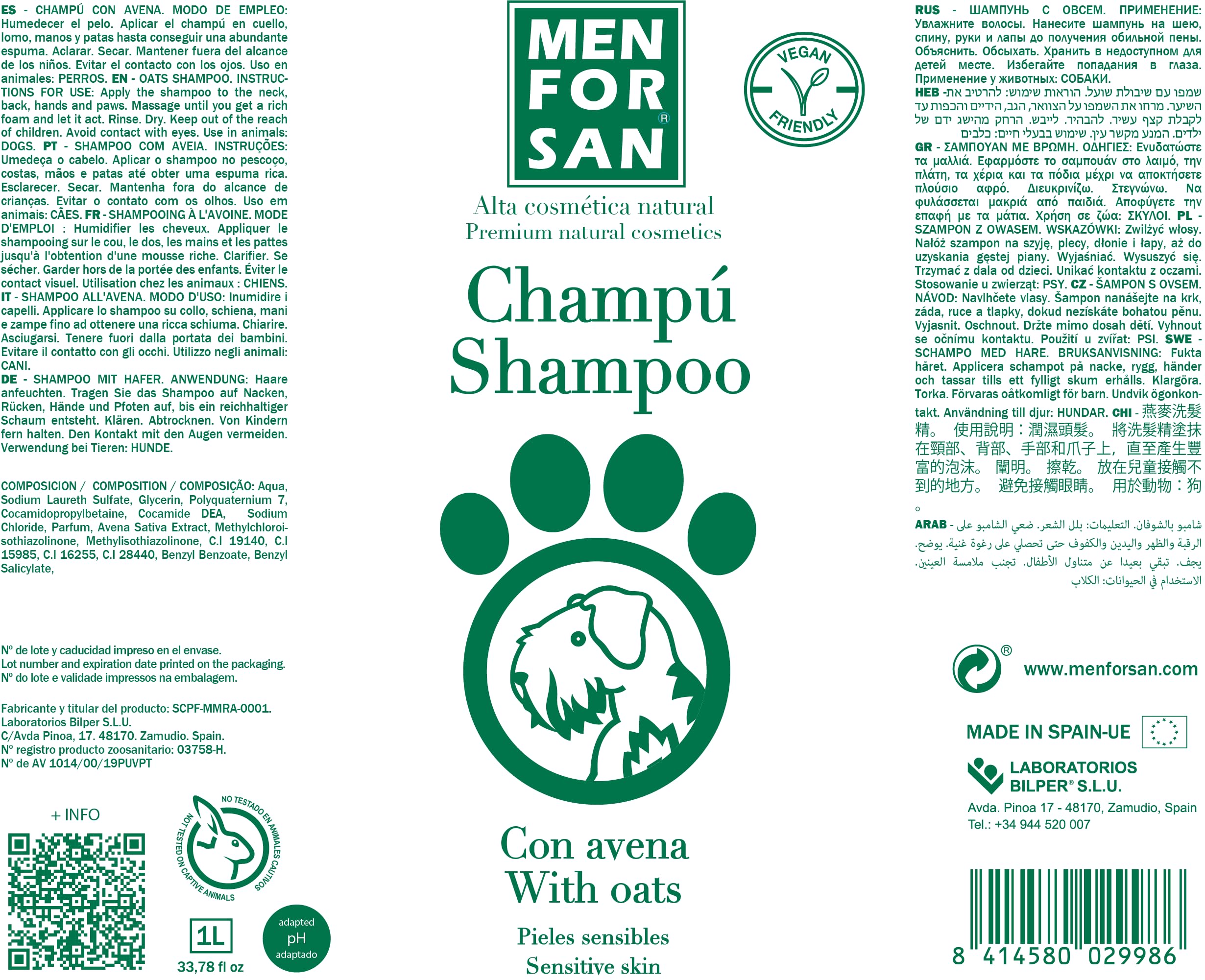 MENFORSAN Szampon dla Psów z Owsa | Działa Wygładzająco i Łagodząco | Dla Wrażliwej i Delikatnej Skóry | 100% Naturalny Owsianka | Delikatny Zapach | 1 litr