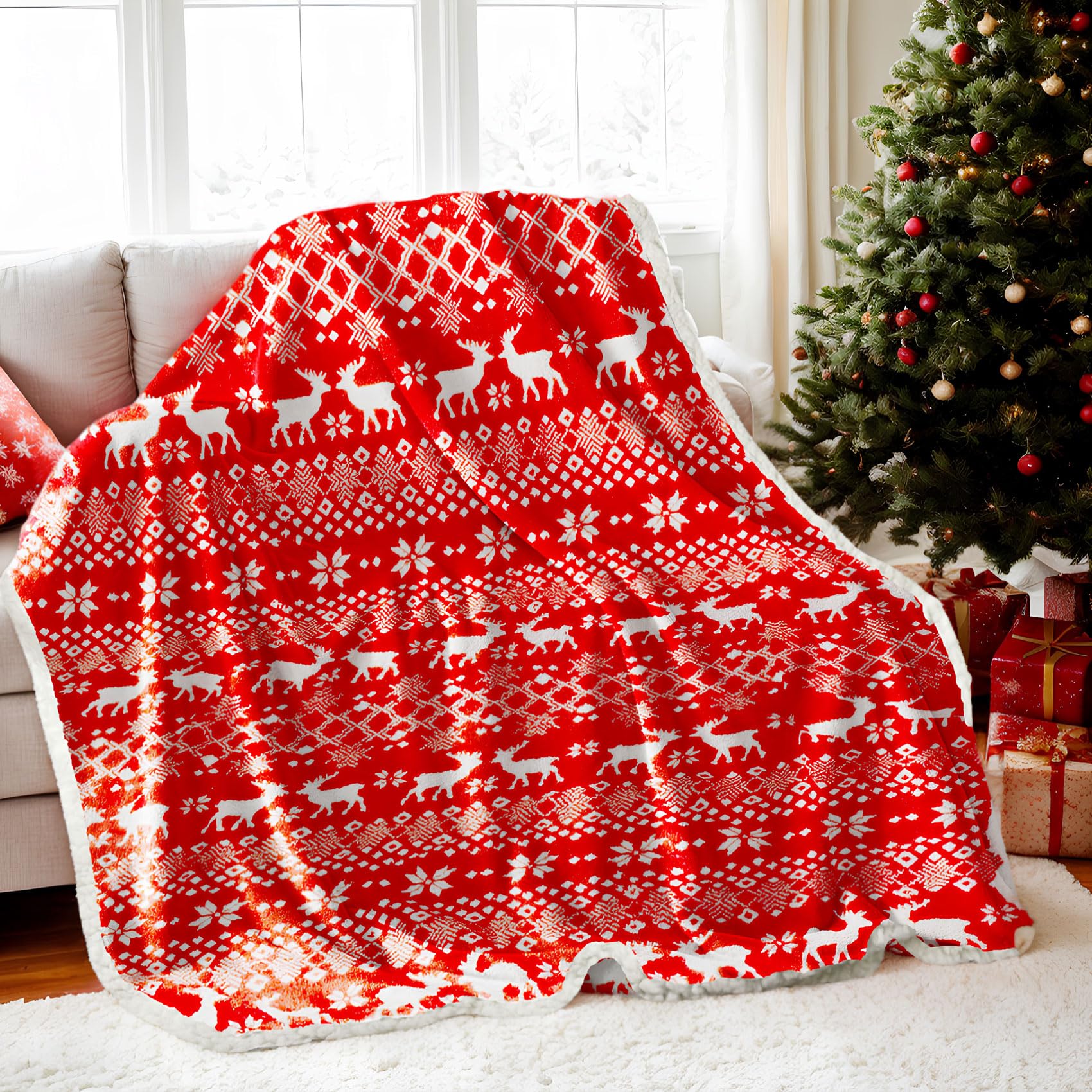 Manta Navidad 150x190cm para Sofá y Cama,Reversible de Franela y Sherpa -100% Poliéster - Súper Suave y Cálida