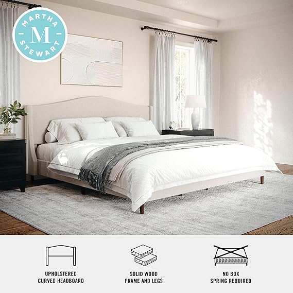 Martha Stewart Amelia Platform Bed with Curved Headboard and Cushioned Side Rails, Faux Linen Upholstery, Wood Slat Foundation, No Box Spring Needed, King, Beige