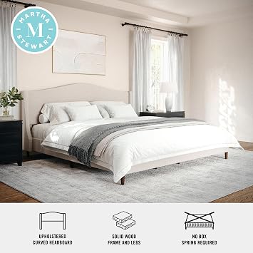 Martha Stewart Amelia Platform Bed with Curved Headboard and Cushioned Side Rails, Faux Linen Upholstery, Wood Slat Foundation, No Box Spring Needed, King, Beige