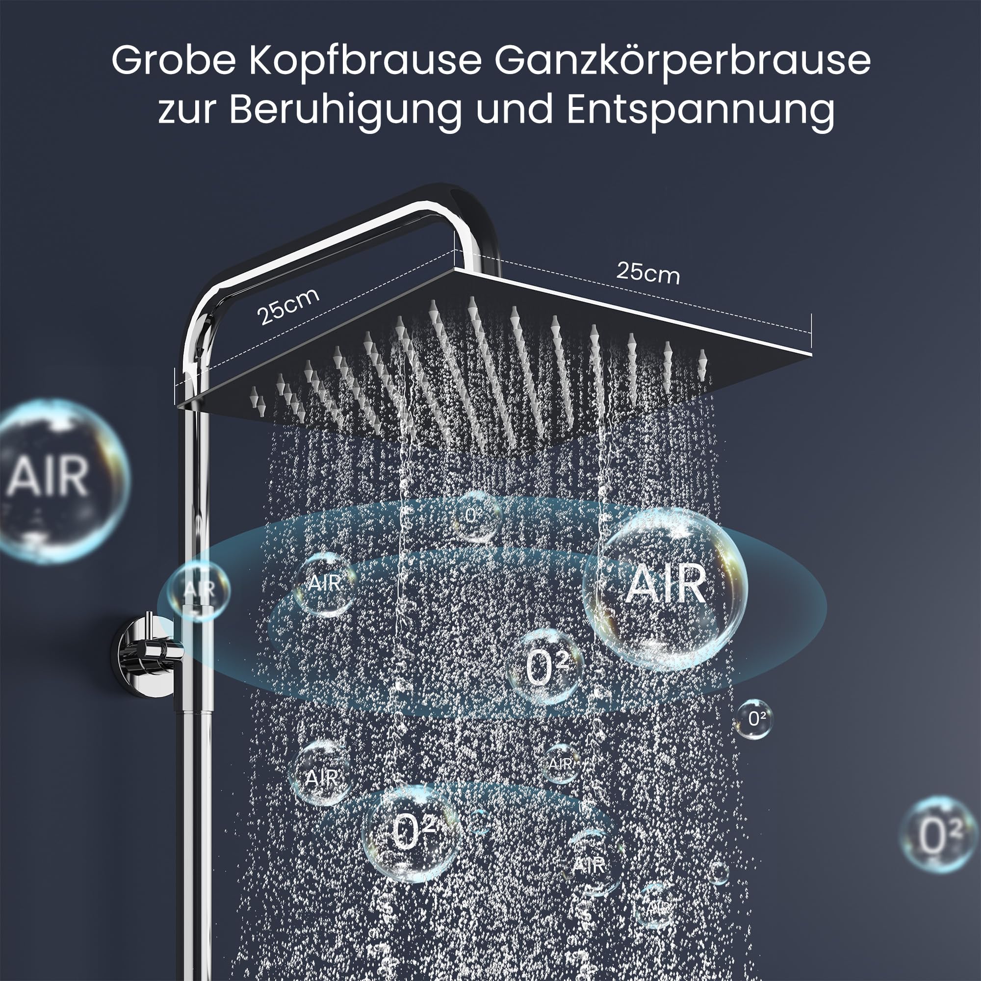Garvee Duschsystem mit Thermostat Chrom, Duschset Regendusche Duschgarnitur Komplettset mit 304 Edelstahl Kopfbrause Armatur, 3 Strahlarten Handbrause, Duschstangen (Eckig 25x25cm)