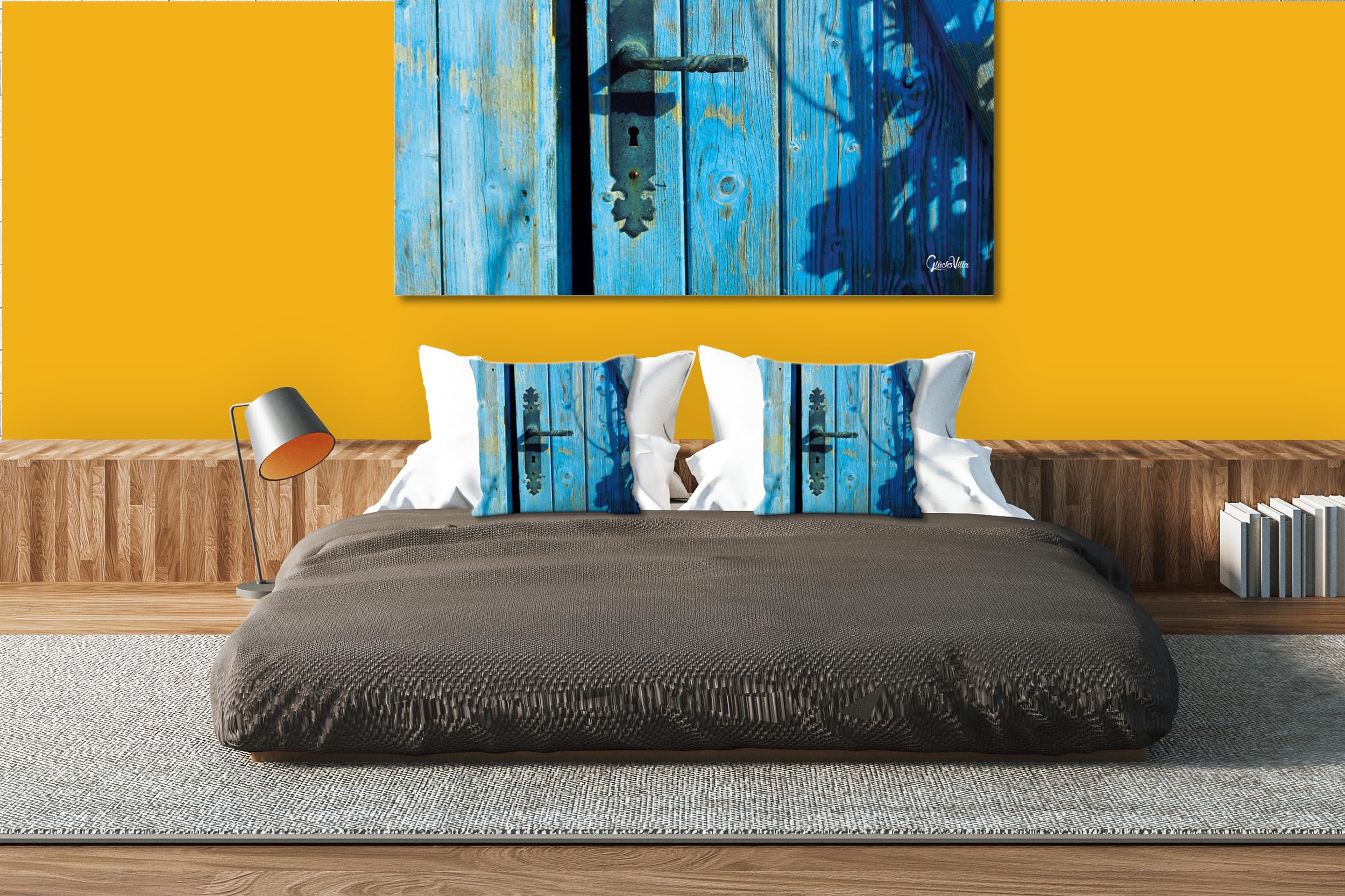 Blaue Tür - Foto-Kissen-Hülle Set (2 STK.) 40 x 40 cm | Kissen-Bezüge - passend zu Wandbild - Deko-Kissen - Fischerhütte Holz Atlantik