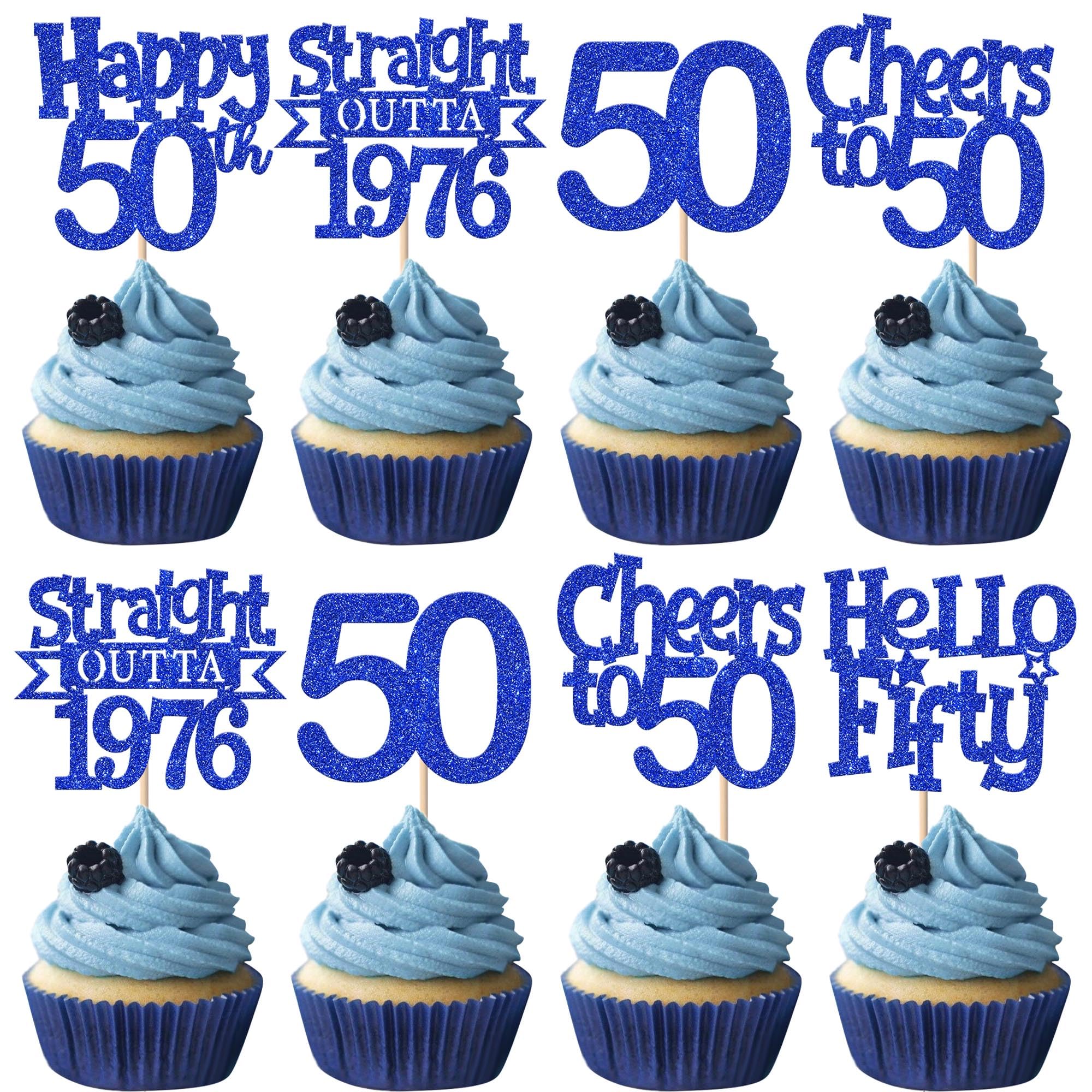 SYKYCTCY 30 Pack Straight Outta 1976 Cupcake Toppers Glitter Blue Fifty Happy 50th Birthday Cupcake Picks Cheers to 50 Years Cake Decorations for Happy 50th Birthday Anniversary Party Supplies