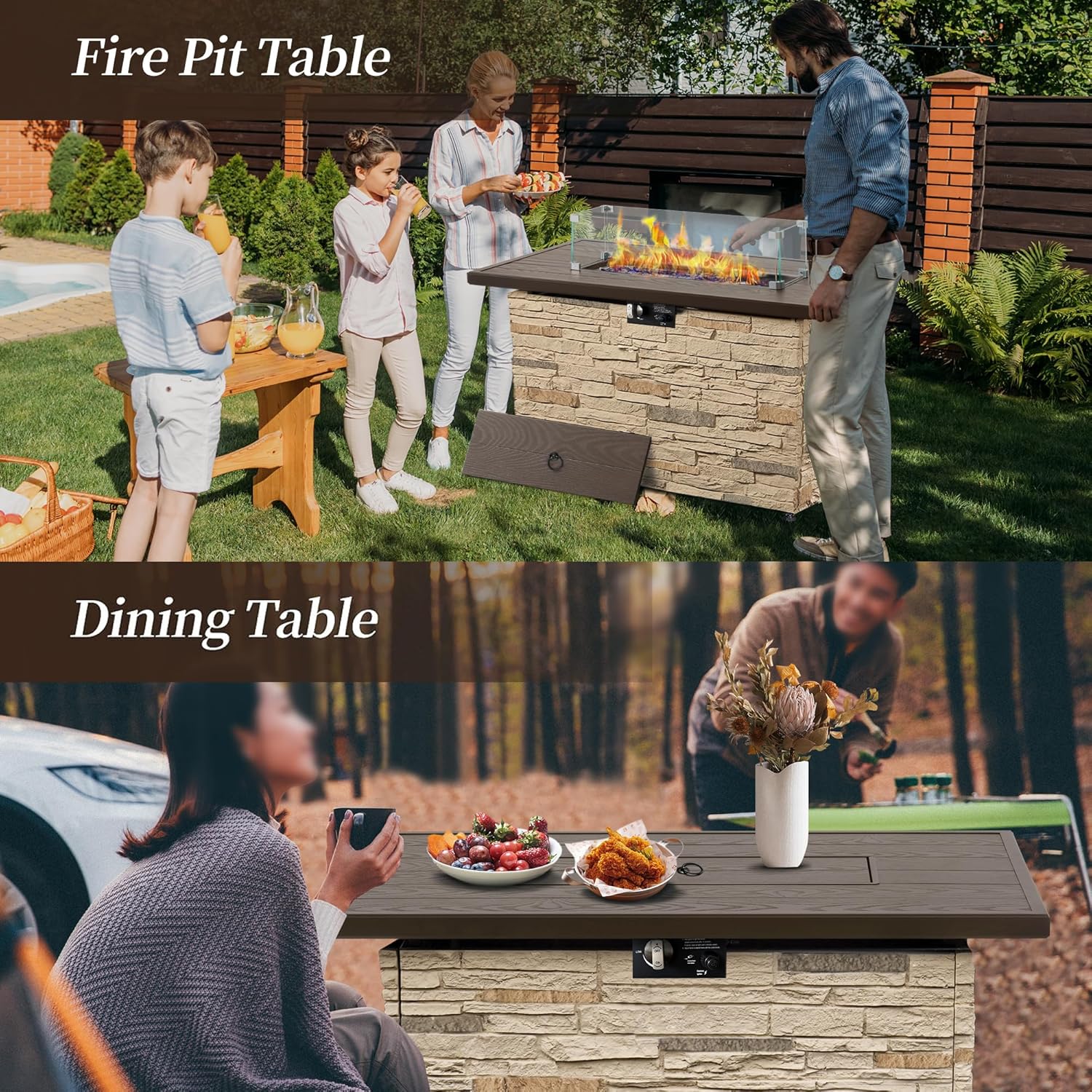 PIZZELLO 43 Inch Propane Fire Pit Table Outdoor Stone Firepit Table Rectangular 50000 BTU Gas Firepits for Outside Patio with Wind Guard, Table Lid, Fire Beads, Cover, Pizzello Caldo (Buff)