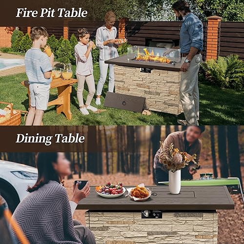 Miniatura 4 de PIZZELLO Mesa rectangular para fogata de propano de 43 pulgadas para exteriores, mesa rectangular de piedra para fogata de 50,000 Btu para patio