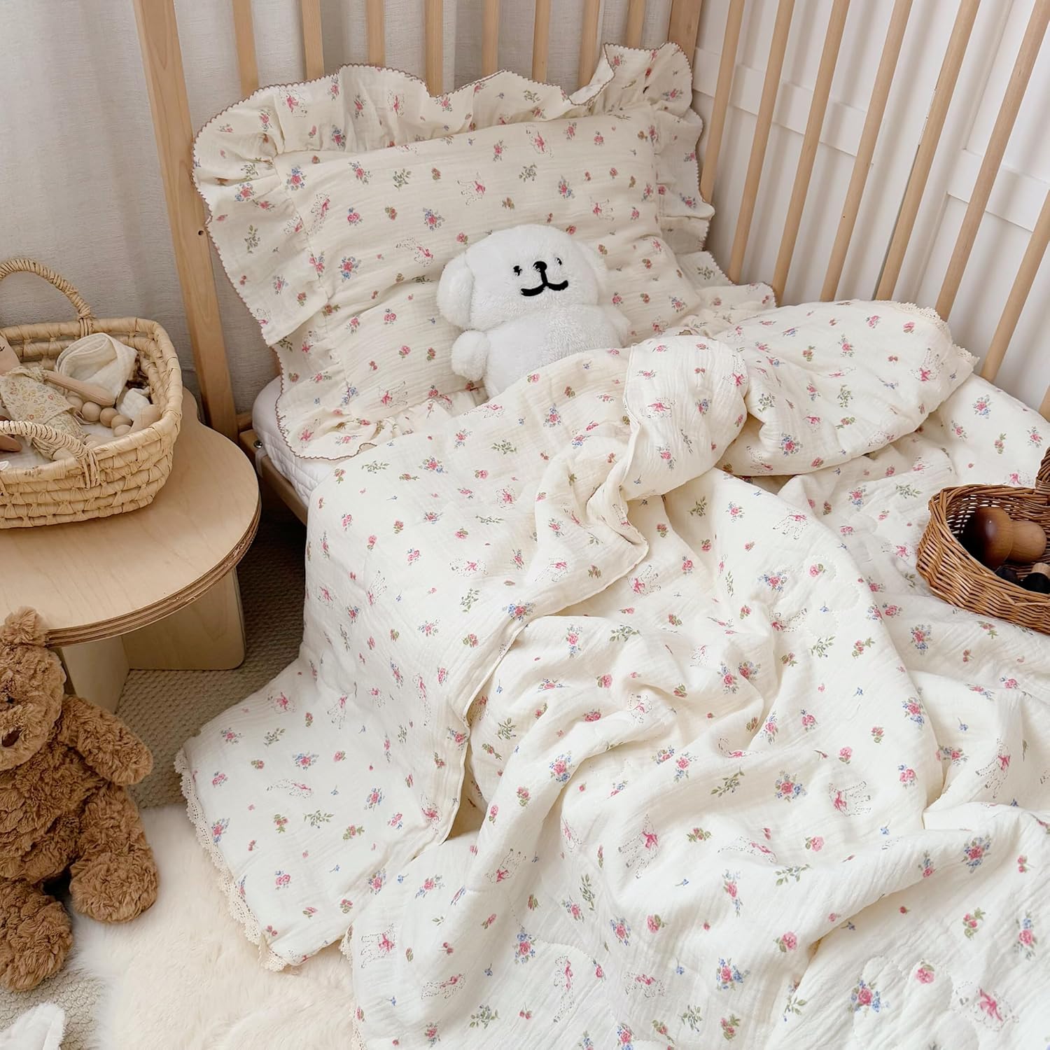 BuLuTu Muslin Quilt Blanket and Pillowcase for Twin Bed, Flower & Sheep Print