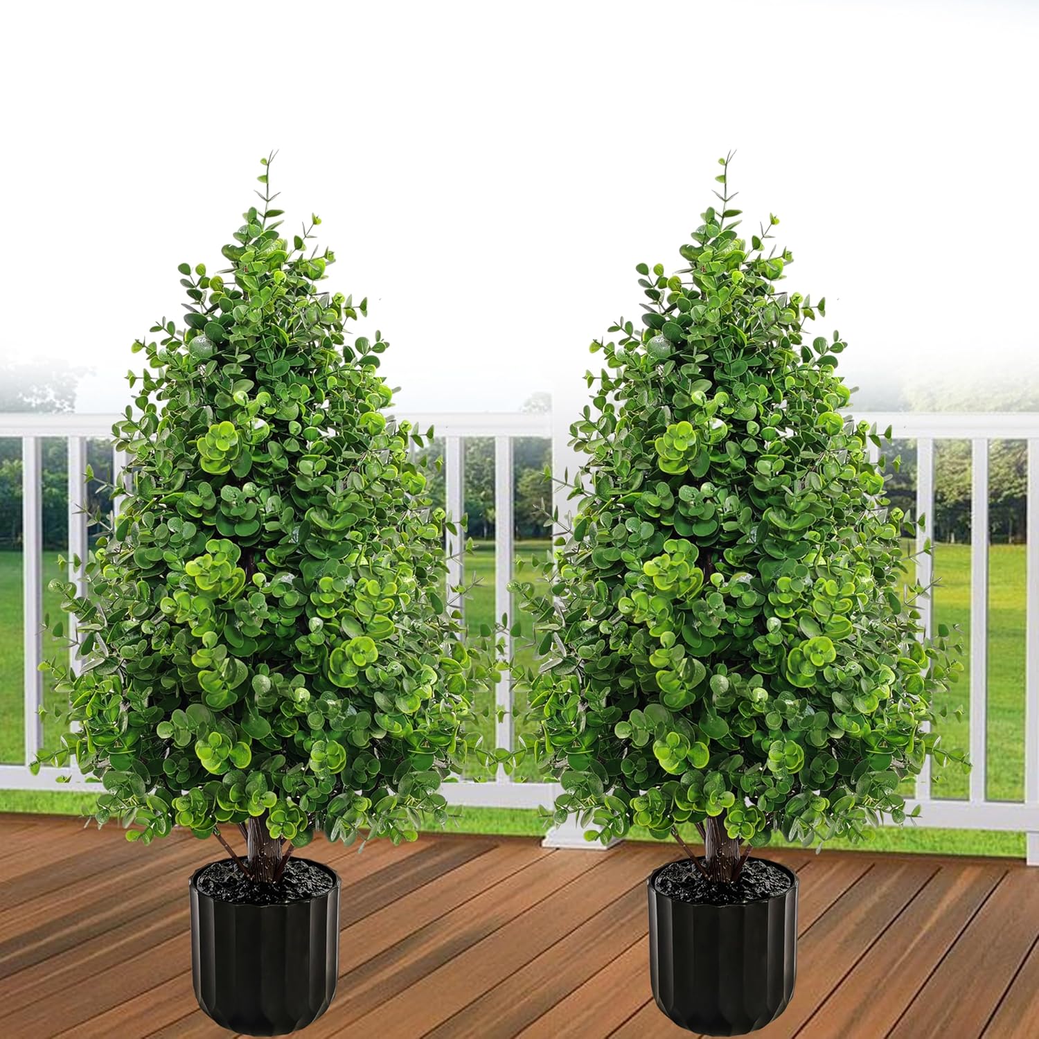 2PACK Artificial Topiary Boxwood Trees Oudoor Indoor, 2.3FT Artificial Potted Plants with Pot, UV Rated Spring Centerpiece Faux Bushes Potted Eucalyptus Tree for Outdoor Planters Front Door Offices