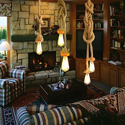 Miniatura 3 de Lámpara colgante de cuerda de cáñamo vintage de 5 cabezas de 6.6 ft, base E26E27, lámpara de techo vintage, estilo retro para comedor, restaurante,