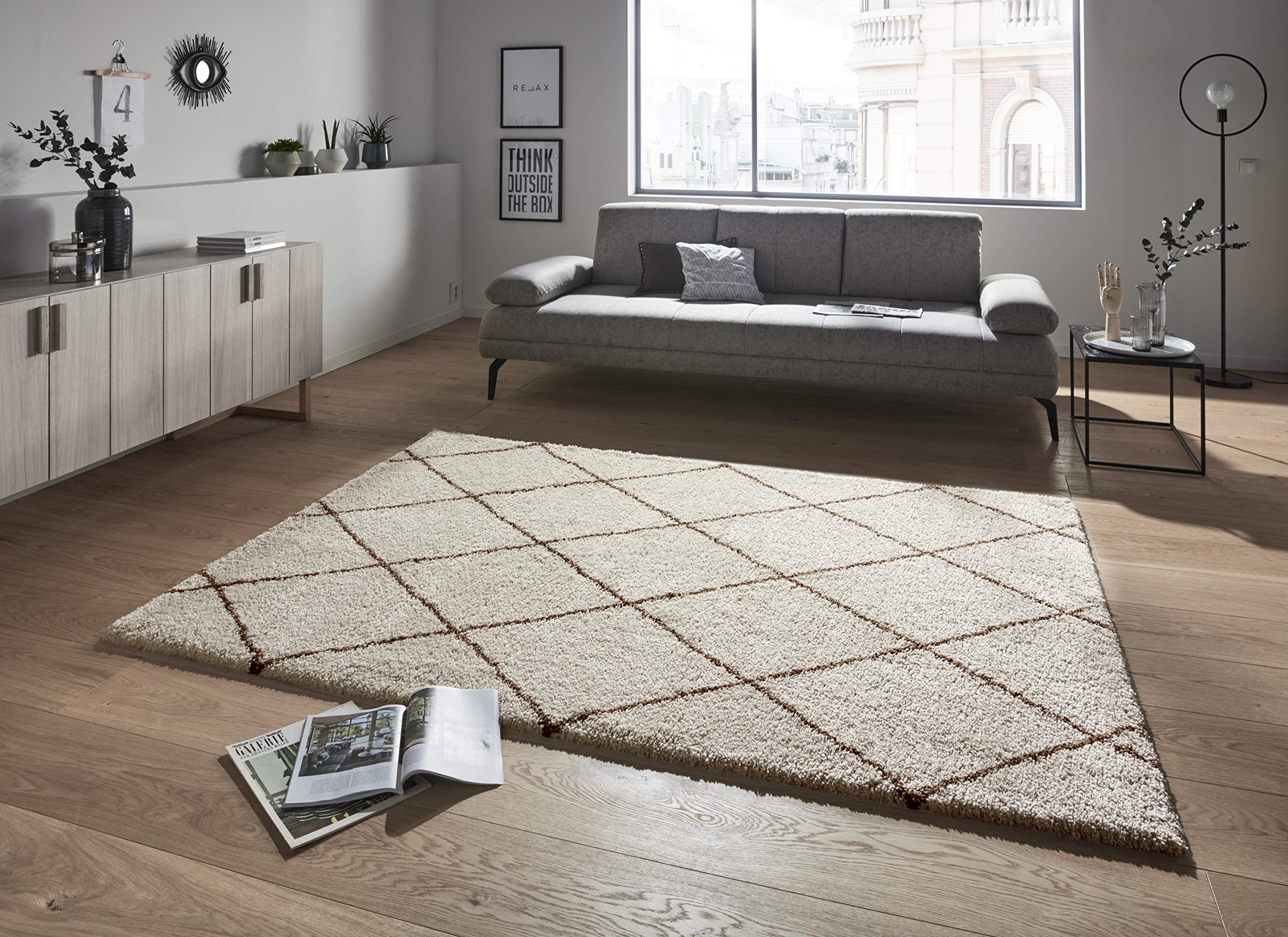 Feel Shaggy Flokati Tapis à Poils Longs Doux et Moelleux Motif Losanges pour Salon, Cuisine, Couloir ou Chambre à Coucher, Couleur crème, Marron Ocre, 80 x 150 cm, polypropylène