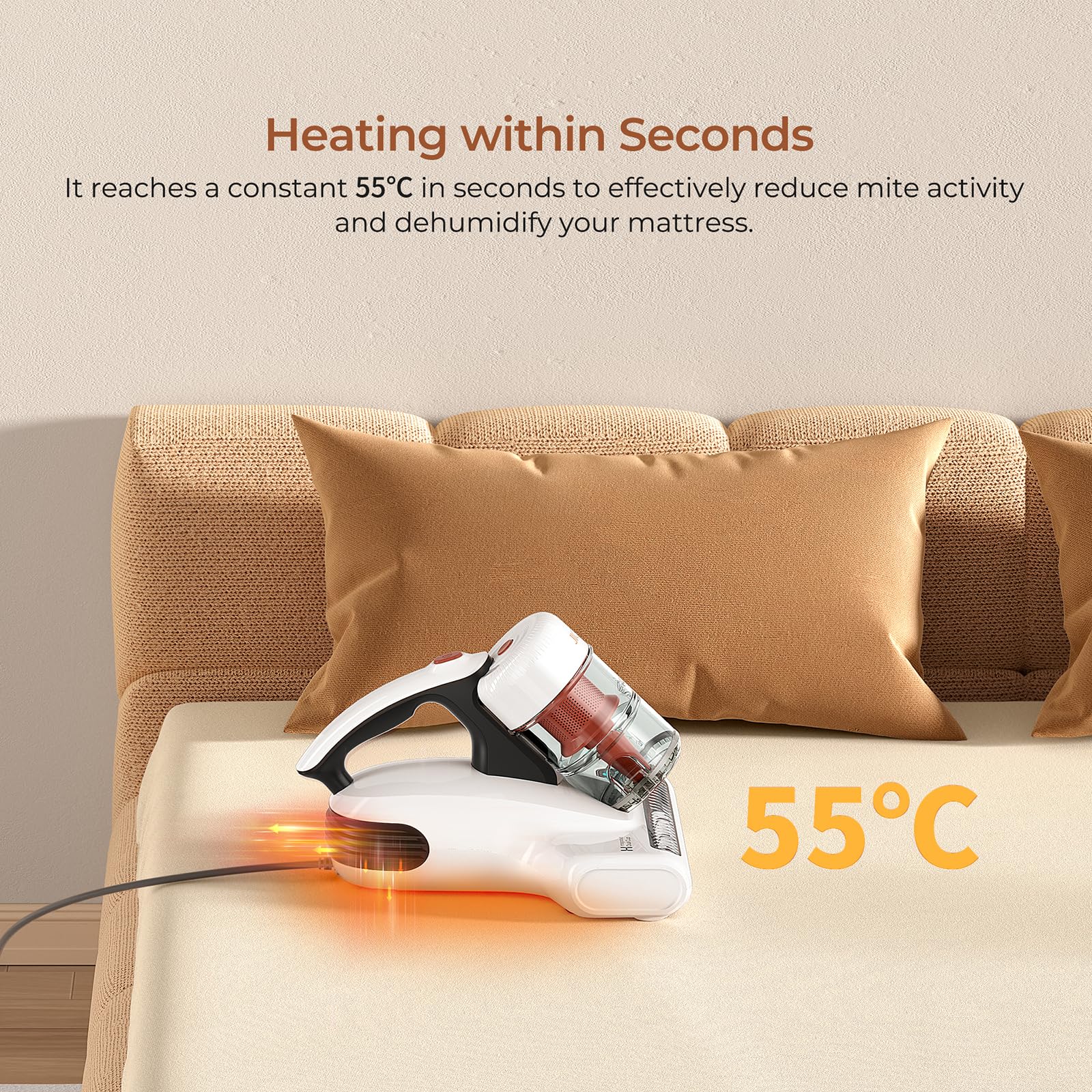 JIGOO J200 Milbensauger für matratzen mit LED-Anzeige, 500W Milbenstaubsauger mit UV-Licht und Staubmilben-Sensor, Ultraschall, Für Allergiker, entfernt 99,9% Allergene von Betten, Sofas, Tierhaare