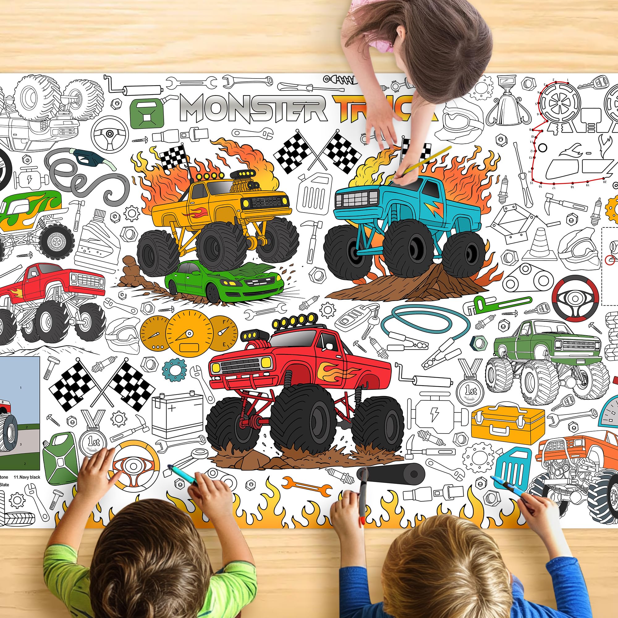 Monster Truck Coloring Tablecloth for Kids, Large 30x72 Inch Poster with Giant Wheels, Trucks, Perfect for Boy Birthday Party Games, Racing Decorations, Classroom Fun, Celebration Supplies