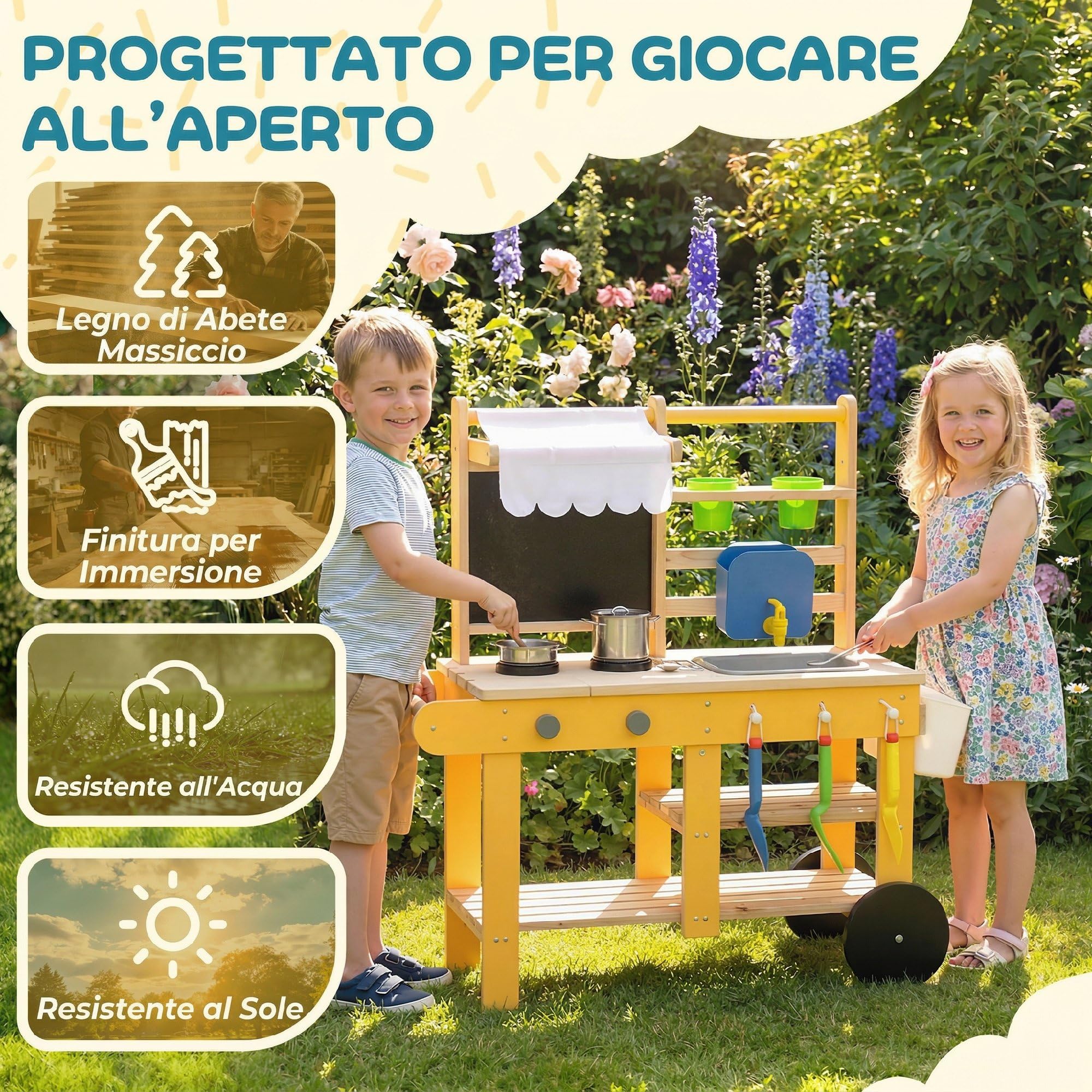 AIYAPLAY Cucina Giocattolo per Bambini, Cucina in Legno per Bambini con 2 Portavasi, Ruote, Fornello, Lavagna, Lavandino, Ripiano e 15 Accessori, 3+ Anni