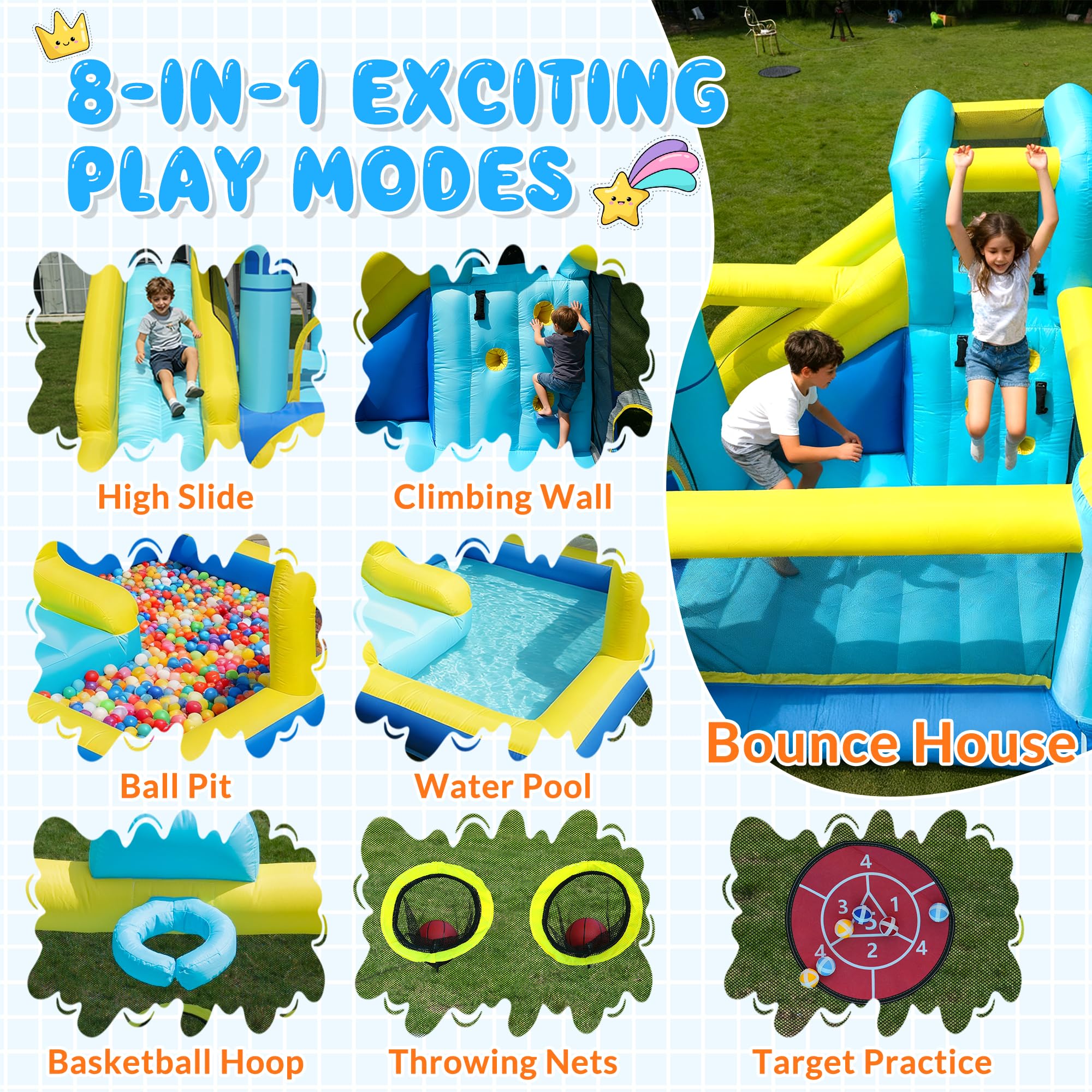 Casetta gonfiabile 8 in 1, modalità gioco per bambini, robusta e durevole, con soffiatore, castello gonfiabile con scivolo, per interni ed esterni