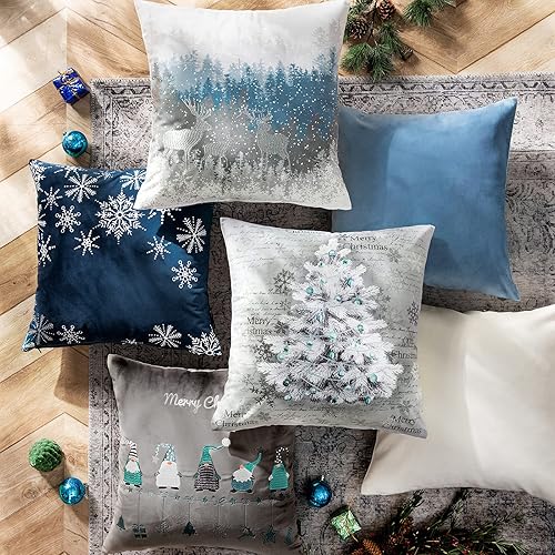 Miniatura 3 de Phantoscope juego de 4fundas de almohada decorativas de terciopelo suave con bordados, para Navidad, con copos de nieve, árboles, duendes, ciervos