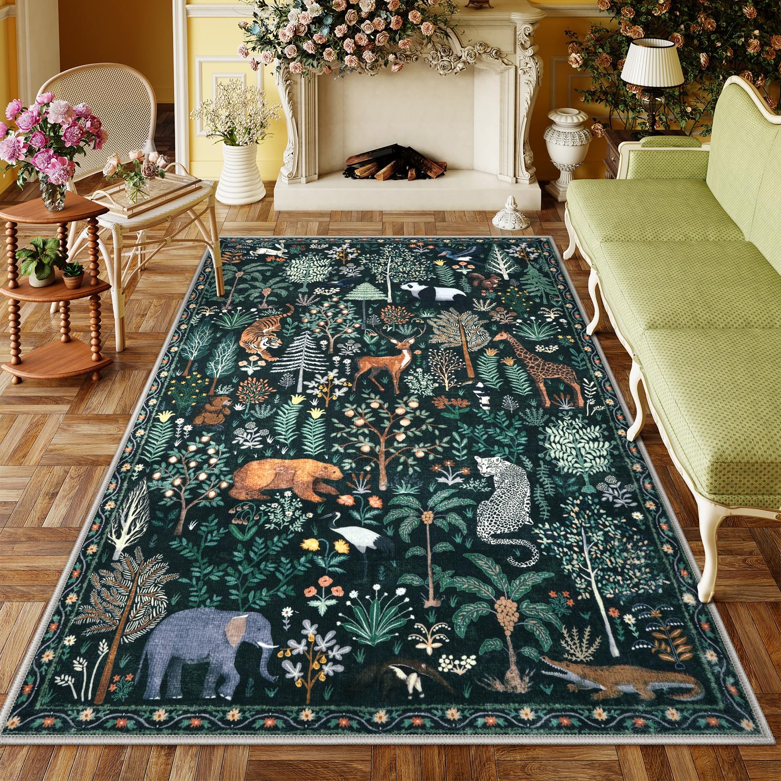 OJIA Jungle Print 5x7 Area Rugs for Living Room, Green Soft Washable Rugs for Bedroom Ultra-Thin Non-Slip Modern Rug, Stain Resistant Nursery Rug