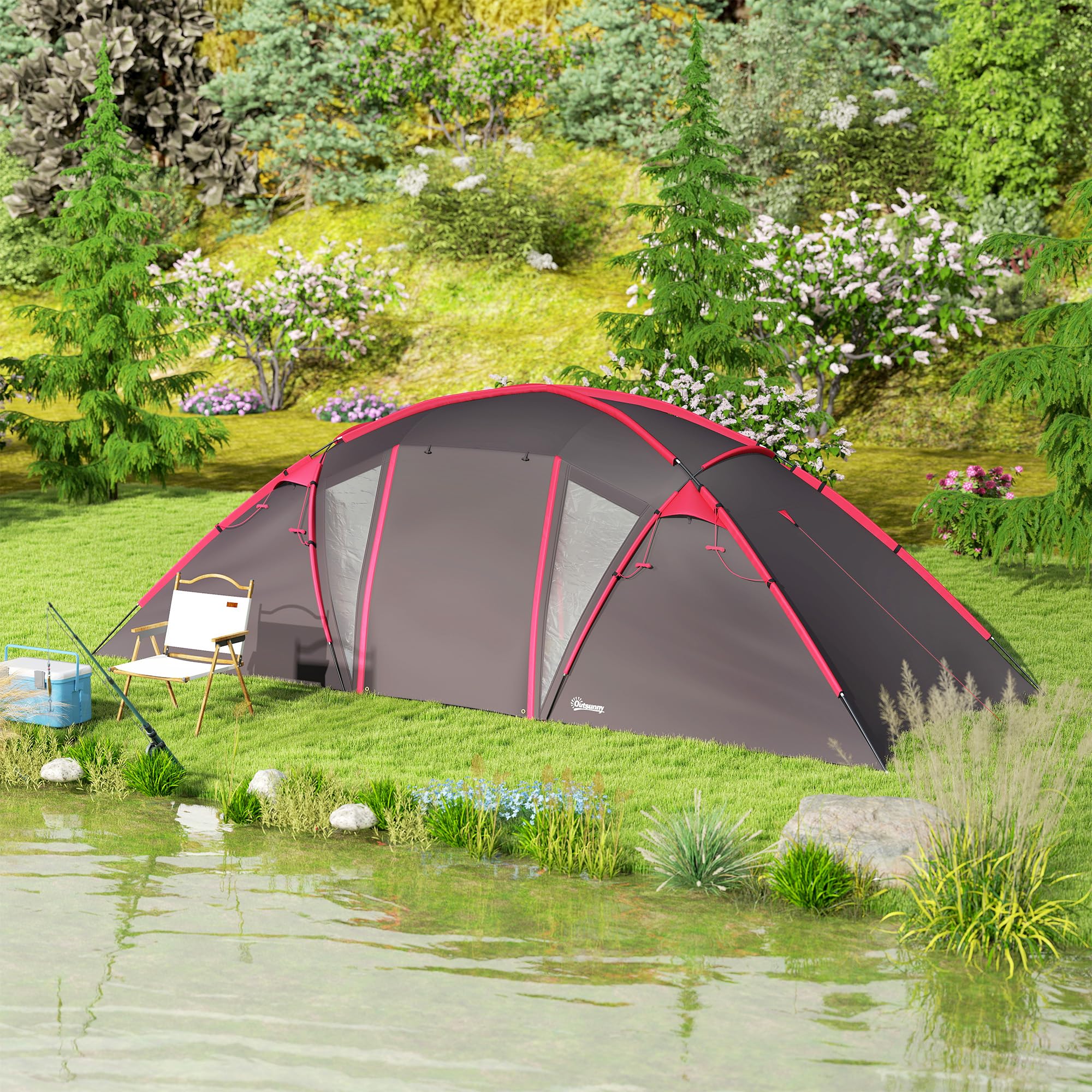 Outsunny Tunnelzelt, Campingzelt für 4-6 Personen, mit 3 Räumen, Lichthaken, Gruppenzelt mit Doppeltüren, 3000mm Wasserabweisend Familienzelt, für Garten, Campingplatz, Grau