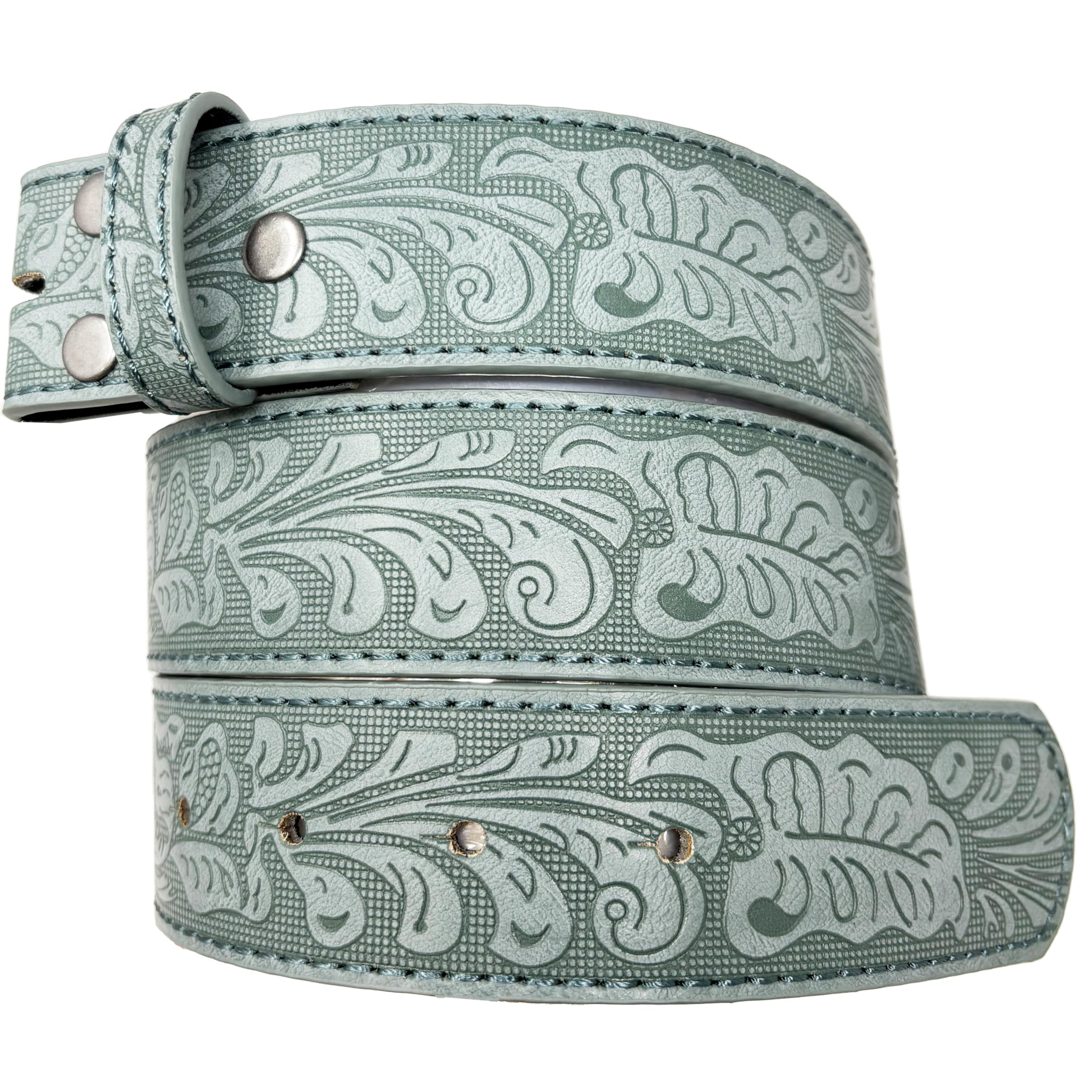 Western Leather Belt Strap - 1.5” Wide Embossed Scrollwork Without Buckle