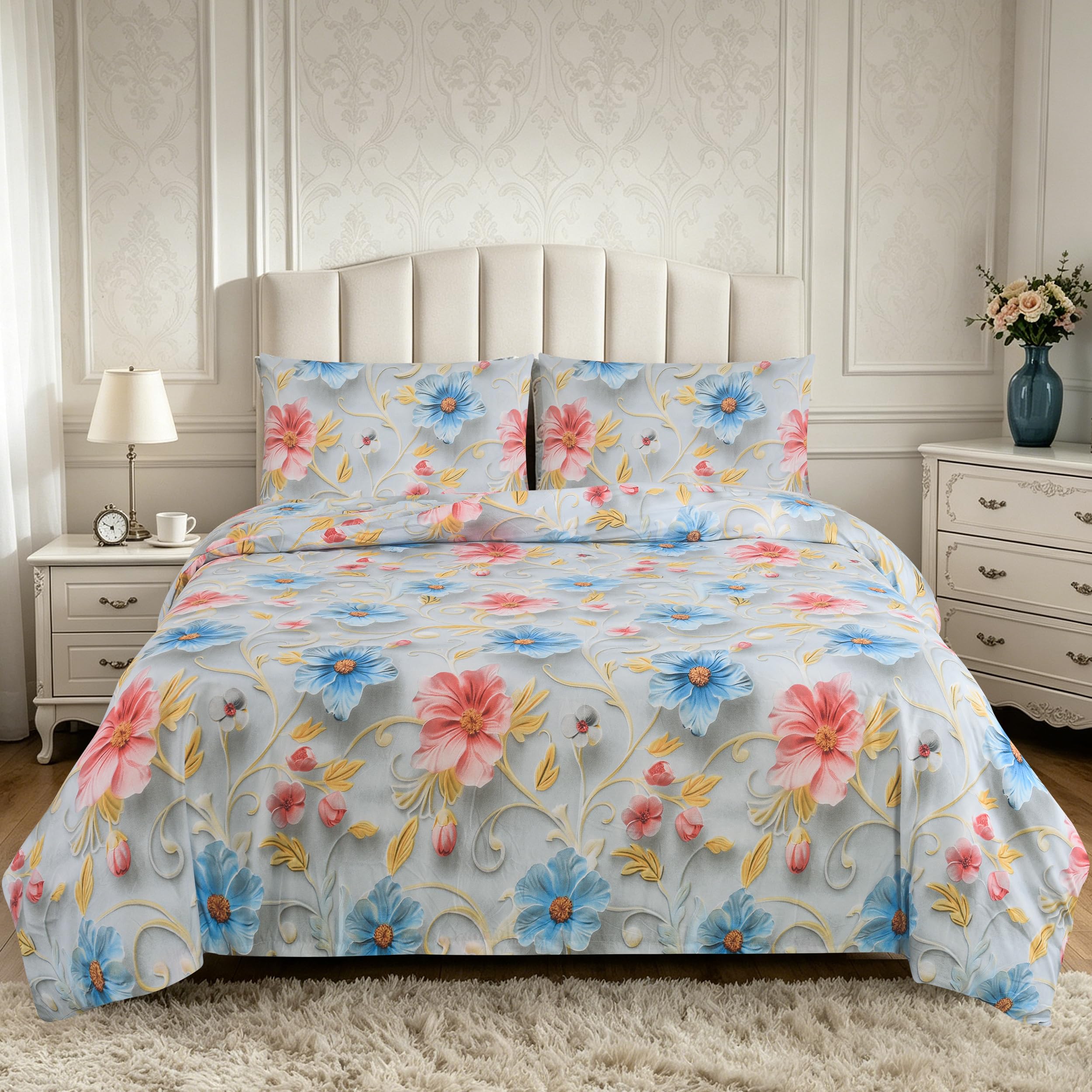 CHARKHAH 3 Piece Reversible Floral Double Duvet Cover Set with 2 Pillowcases, Soft Microfibre Printed Quilt Cover Bedding, Easy Care All Seasons