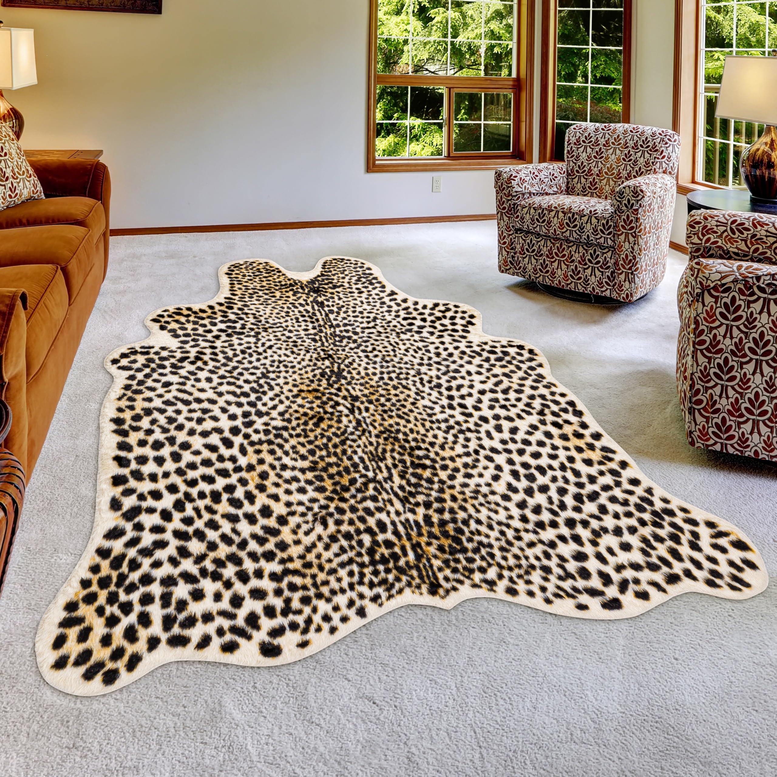 Fluffy Animal Print Leopard Rug, Faux Fur Cheetah Rug 5x7 Animal Print Skin Leopard Area Rug for Bedroom Animal Hide Cowhide Shaped Beige