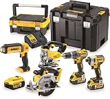 DEWALT - Pack 5 outils XR 18V, 1 perceuse-visseuse, 1 visseuse à chocs à 3 vitesses, 1 scie sauteuse, 1 scie circulaire, 1 lampe LED, 3 batteries 5Ah, 1 chargeur et 2 coffrets TSTAK, DCK551P3T-QW - 1