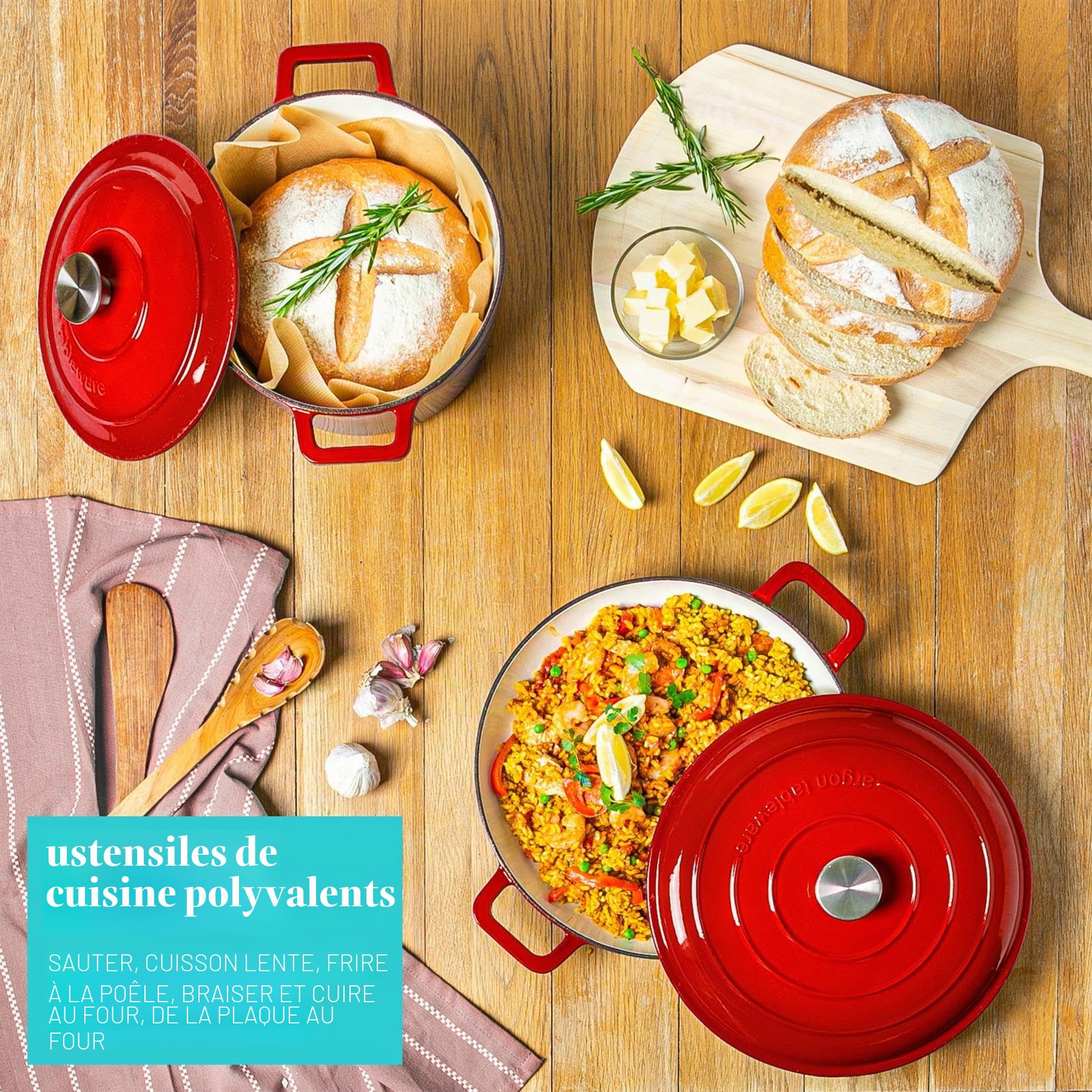 Argon Tableware 2.3L Peu Profond Cocotte en Fonte avec Couvercle Auto-Arrosant - Rouge Ombré - 1x Plaque à Induction Cuisson du Pain Portion Grillage Ragoût Marmite Ustensiles de Cuisine Poêle
