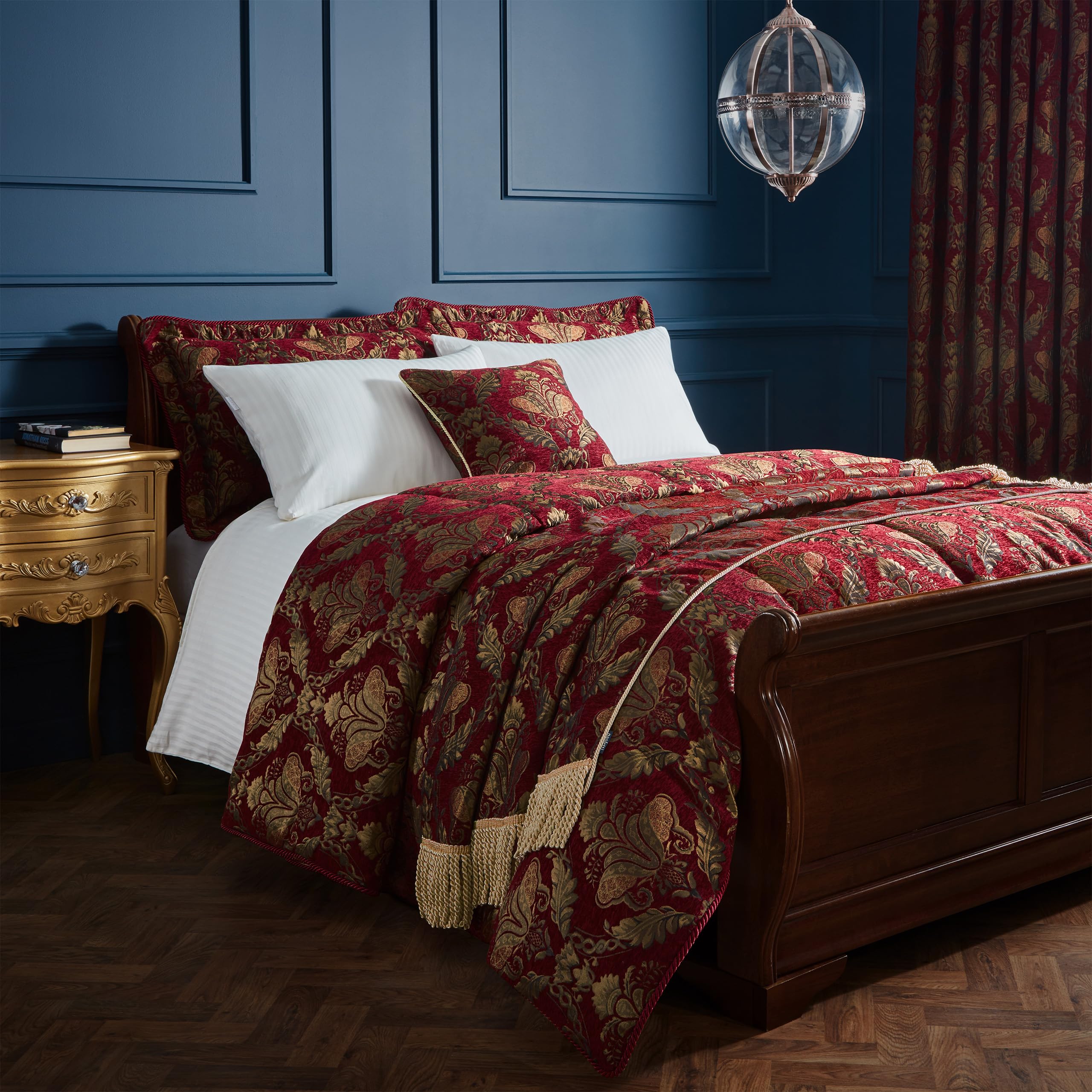 Paoletti Burgundy Shiraz Bedspread – Embroidered Floral Damask Jacquard Luxurious Durable Bedding ( And Gold – 275 X 275Cm)