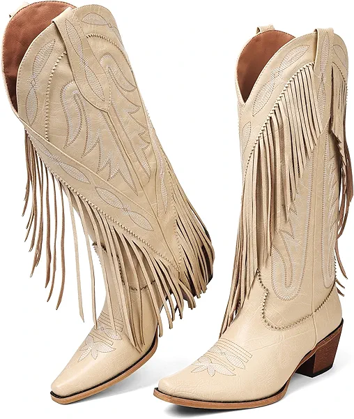 Grakihily Cowboy Boots for Women Retro Pointed Toe Pull On Block Chunky Heel Embroide Tassel Country Concert Outfits Calf Western Cowgirl Boots