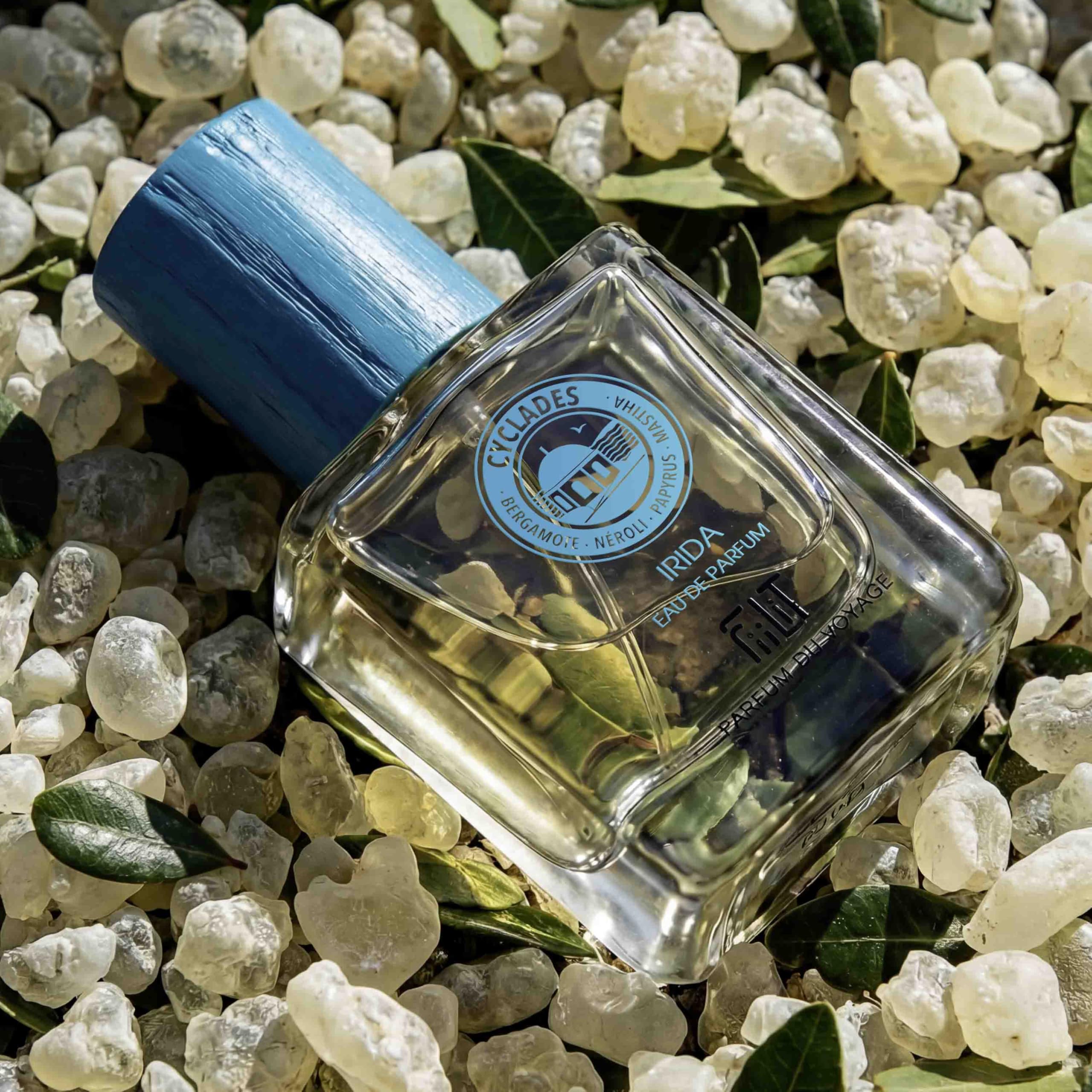 IRIDA CYCLADES naturalna woda perfumowana 50 mL - FiiLiT perfumy podróżne - mieszane - dla kobiet i mężczyzn - Butelka do wielokrotnego napełniania - Bergamotka mastic Papirus Aromatyczny drewno bursztynowe