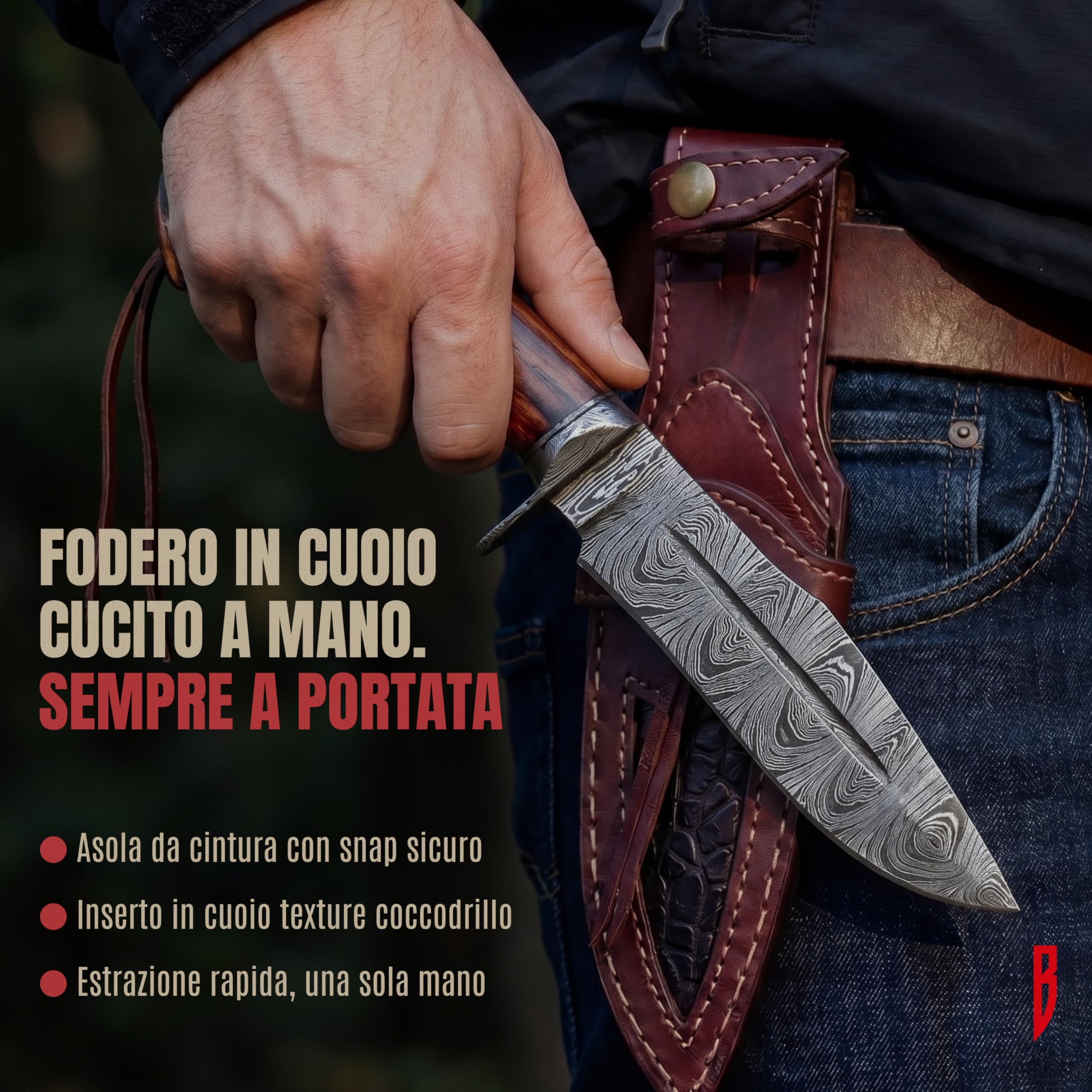 BIGCAT ROAR Beast Hunter - Coltello da Caccia Artigianale in Acciaio Damasco 25 4 cm - Manico in Legno di Noce e Fodero in Cuoio - EDC Bushcraft Campeggio Sopravvivenza - Idea Regalo Uomo Cacciatore