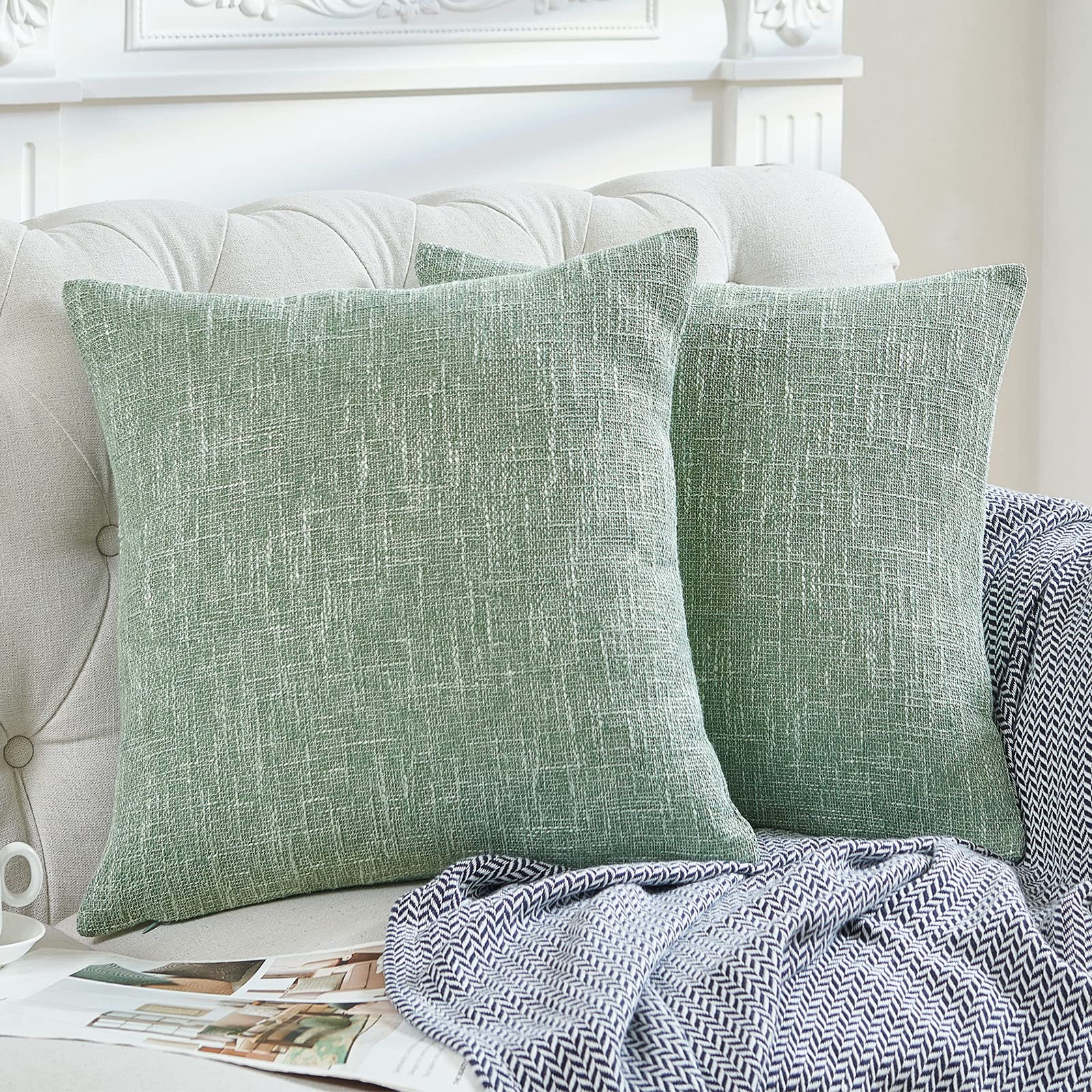 jinchan Linen Pillow Covers Modern Farmhouse Pillowcase Rustic Woven Textured Sturdy Cushion Covers for Sofa Couch Bed 18x18 Inch Green Pack of Two