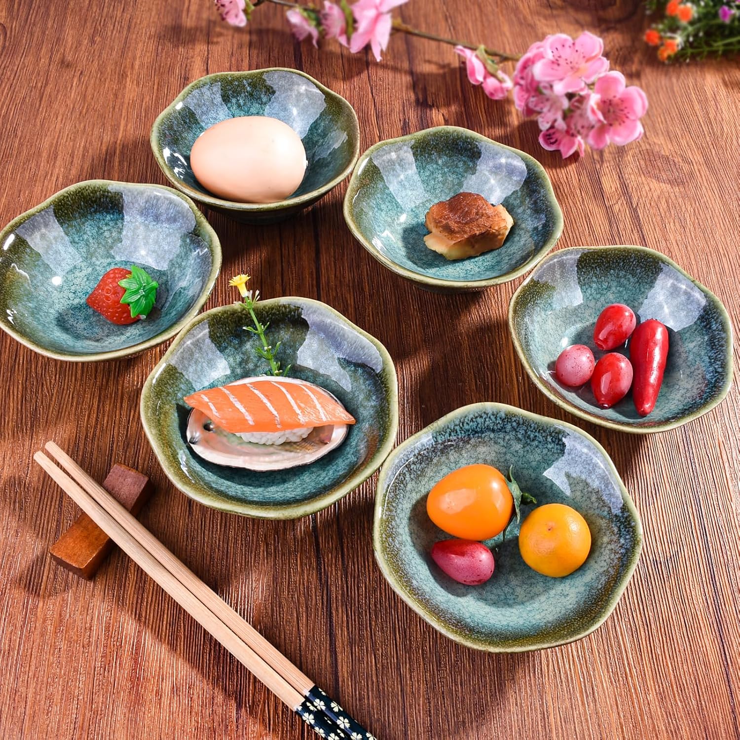 Ceramic Side Dishes Sauce Bowls Sushi Dish, 4 Inch Diameter, Turquoise Green Glaze, Set of 6