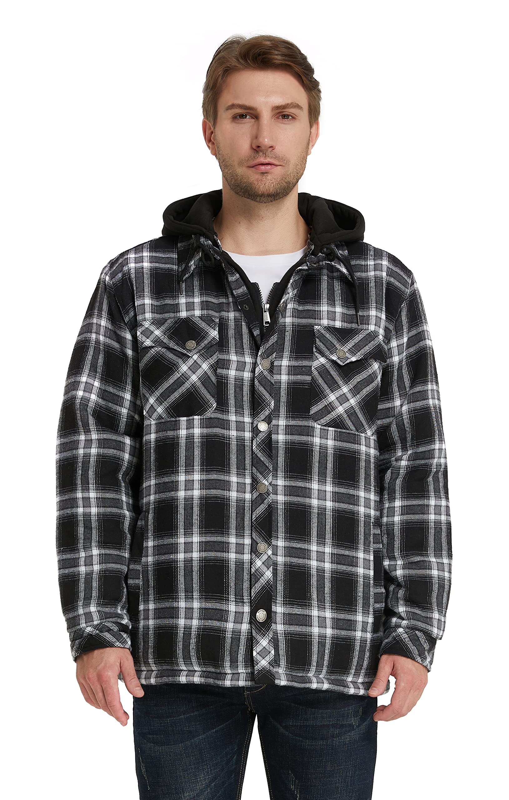 WenVen Men's Thicken Plaid Flannel Quilted Shirts Jacket with Removable Hood
