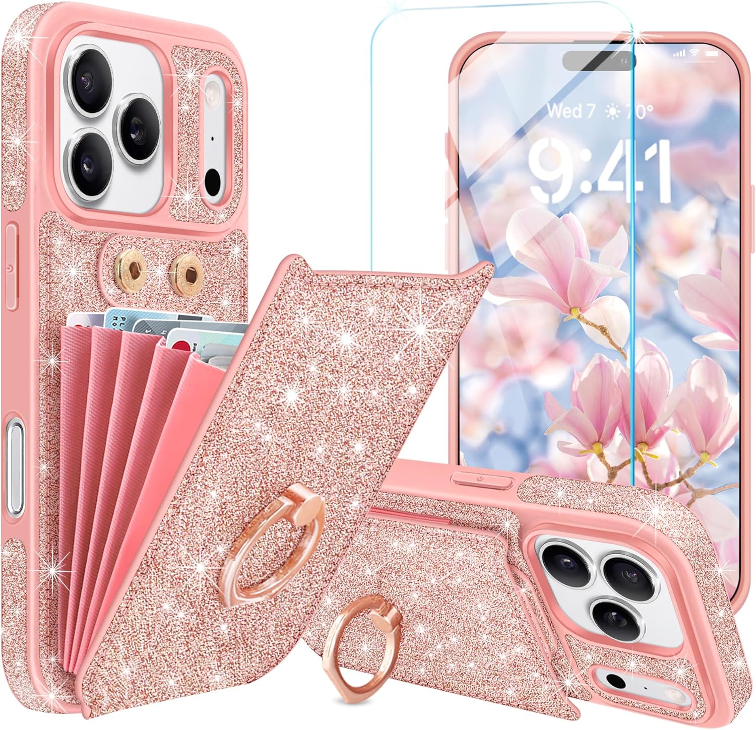 for iPhone 17 Pro Max Case Wallet with Screen Protector[5 Card Holder],Glitter PU Leather RFID Blocking with 360° Ring Stand Women Girls Shockproof Phone Cover for iPhone 17 Pro Max,Rose Gold