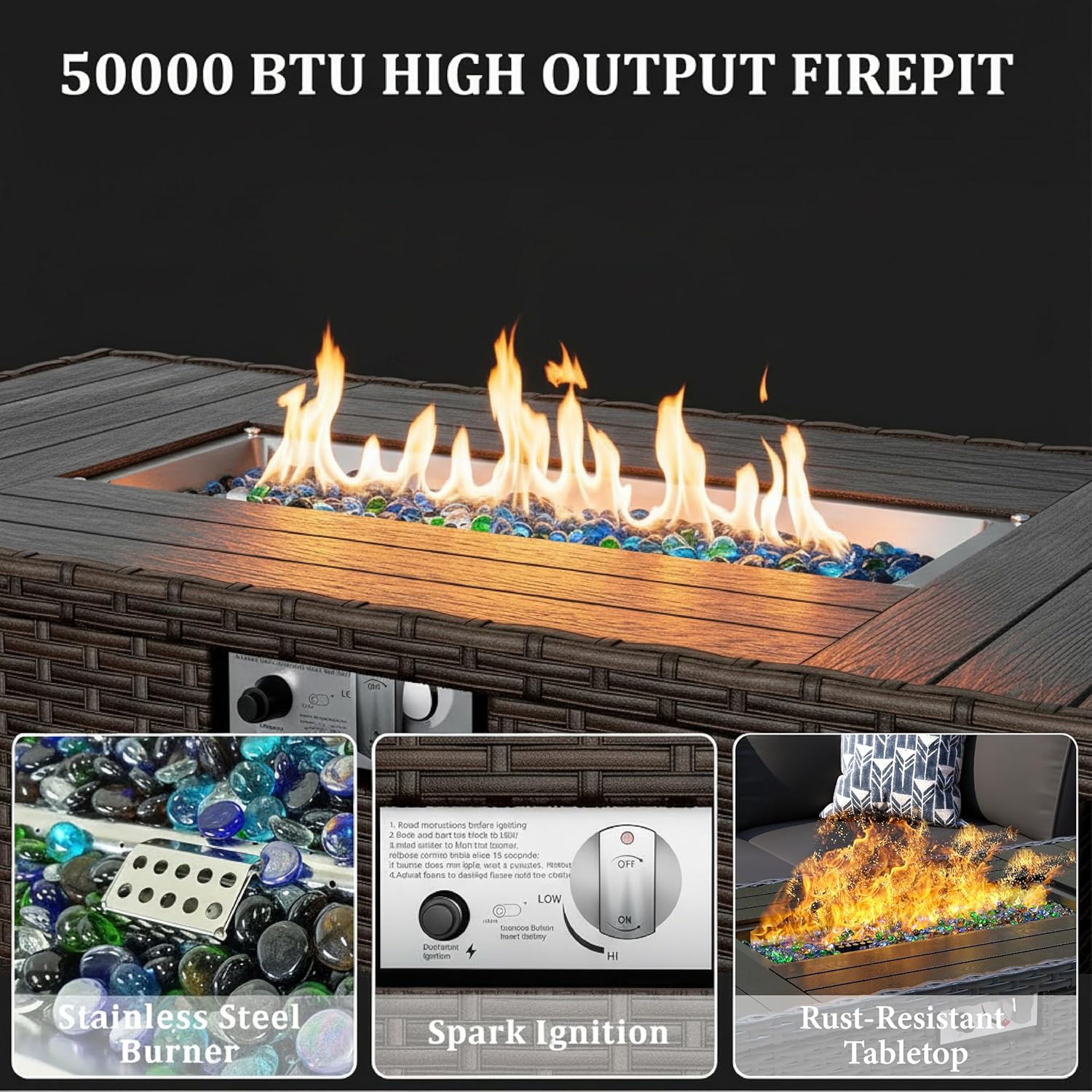 8 Pieces Outdoor Patio Furniture Set with 44" Fire Pit Table Rattan Sectional Conversation Sets w/Gas Fire Pit, Coffee Table, 1 Waterproof Covers, Dark Grey