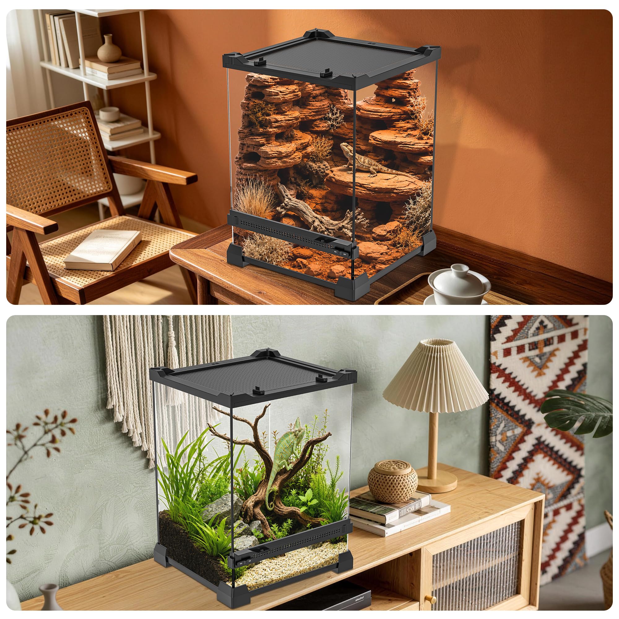 Reptilien-Terrarium, 25,4 x 25,4 x 35,6 cm, Vollglas-Tankgehege für kleine Reptilien, Geckos, Frösche, Eidechsen, Schlangen, Spinnen, Schildkröten, vertikaler Regenwald-Lebensraum