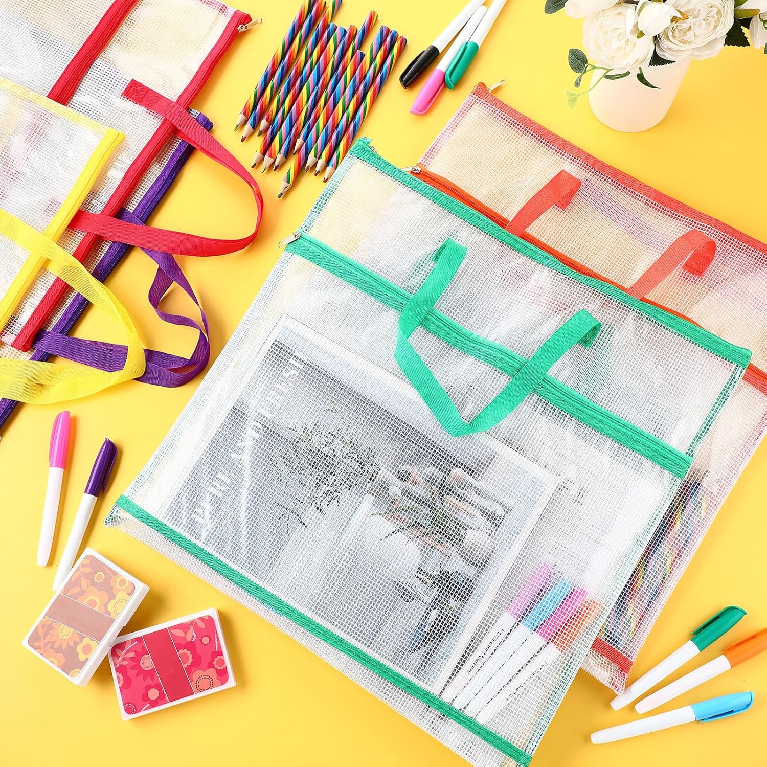 5 Pcs Sew Project Bags 16 x 16 Inch Quilting Craft Organizer Storage Bags with Handle and Pocket Jumbo Sew Quilting Mesh Bags for Quilters Knitting Stitching Crafter, 5 Colors (Rainbow)