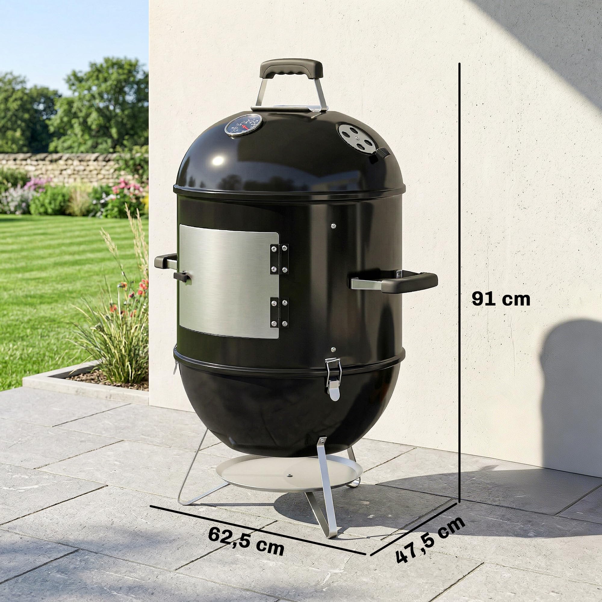 Outsunny Affumicatore 3-in-1 3 Griglie di Cott. Termometro Integrato Nero | Ø44 cm, presa d'aria regolabile, coperchio rimovibile, maniglia isolata, barbecue a carbone, carne e pesce