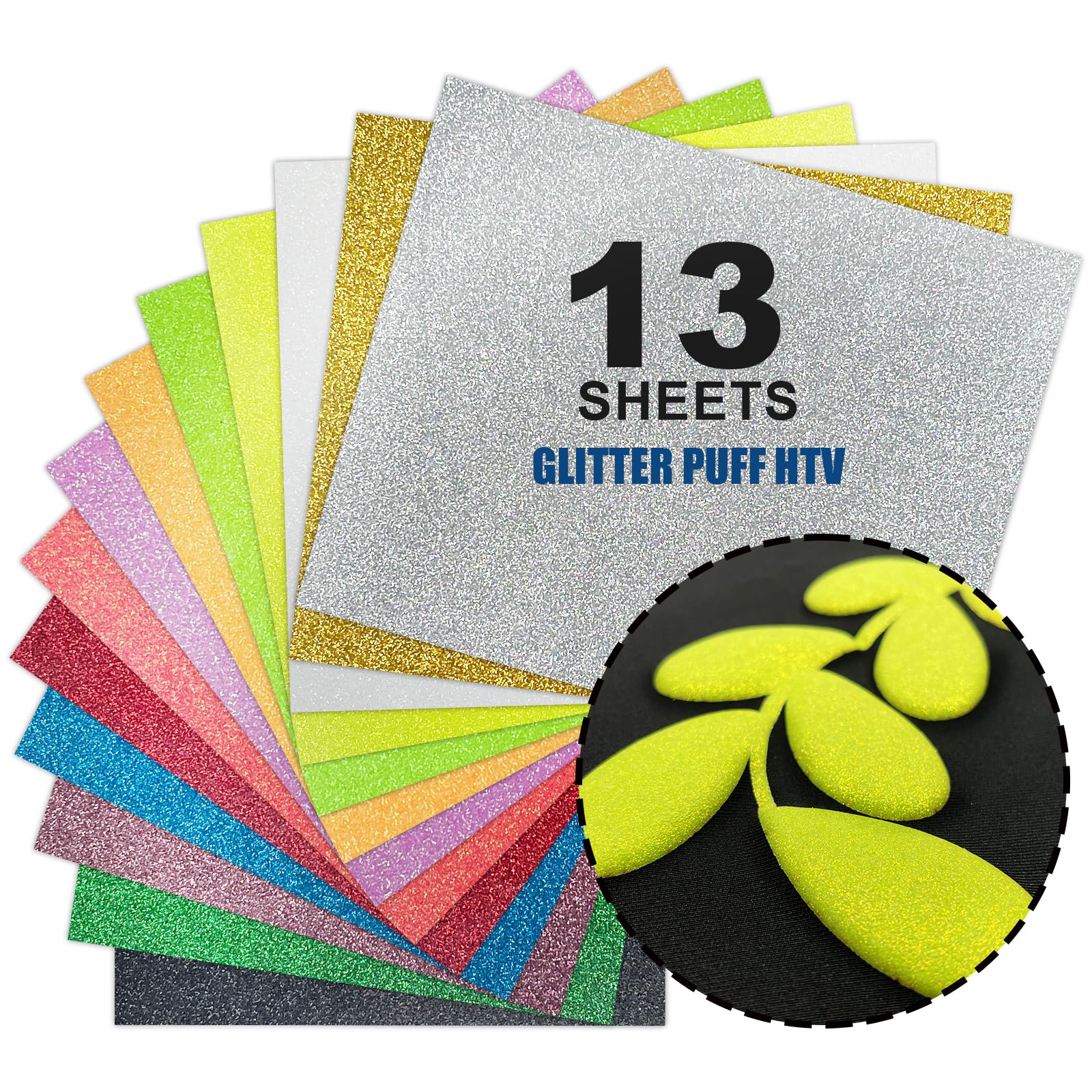 Glitter 3D Puffs Heat Transfer Vinyl, 13pcs 12”x 10” Puffs Heat Transfer Vinyl, Multi-Colour Mix, Cricut Compatible, for DIY T-Shirt Heat Transfer Iron-On, Easy to Cut and Weed.