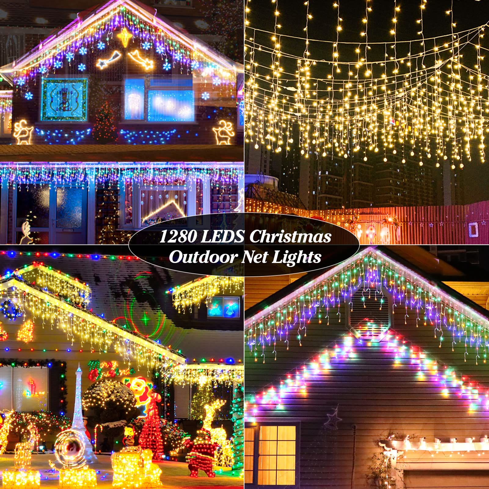 1280 LED Icicle Christmas Lights Outdoor Icicle String Lights Christmas Lights Christmas Decorations for Wedding Party Outdoor Indoor Multicolor Warm White